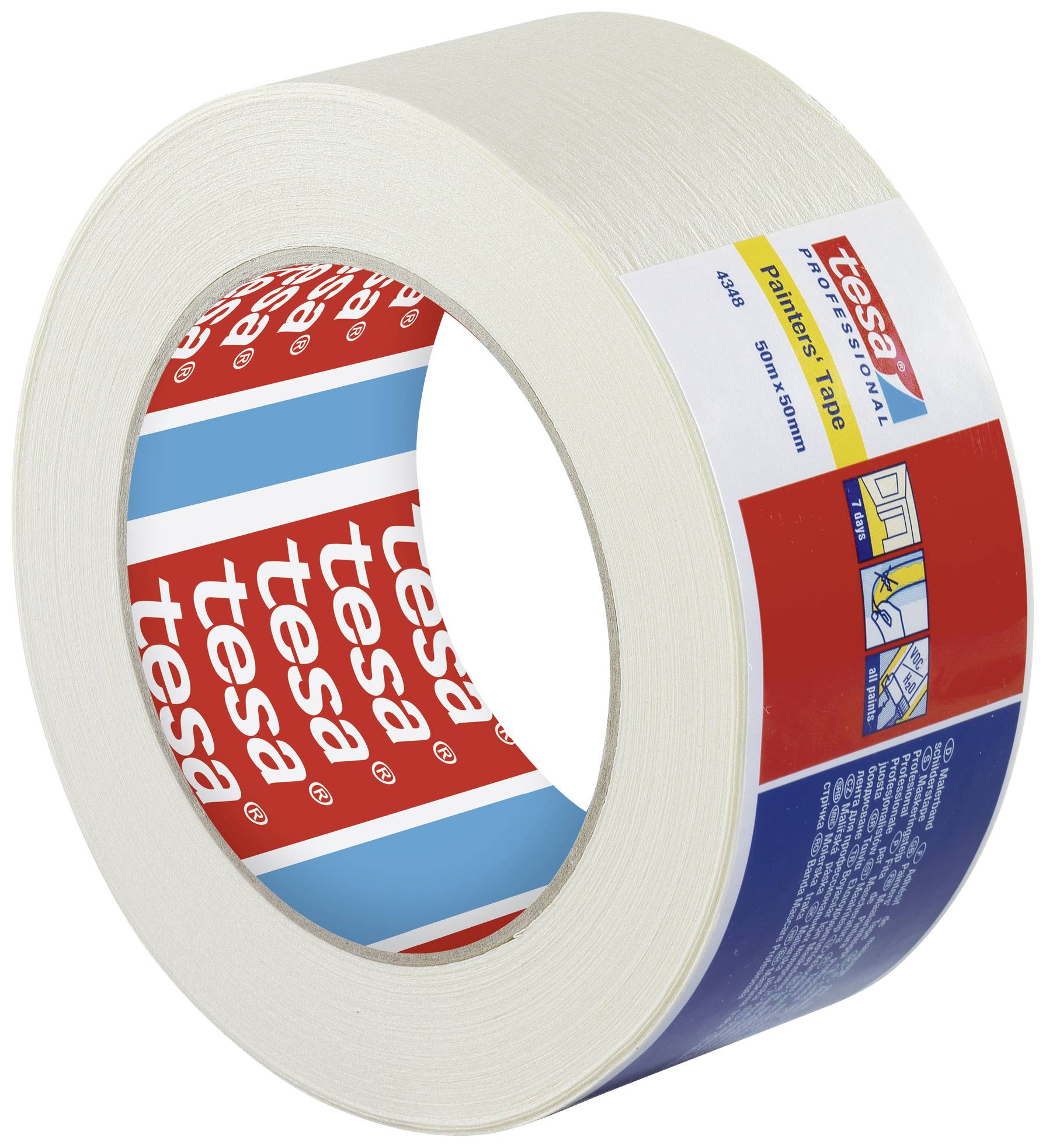 Kreppbandrolle der Marke 'tesa', weiße Farbe, geeignet für Malerarbeiten. Verpackung zeigt Anwendungshinweise und Produktinformationen.