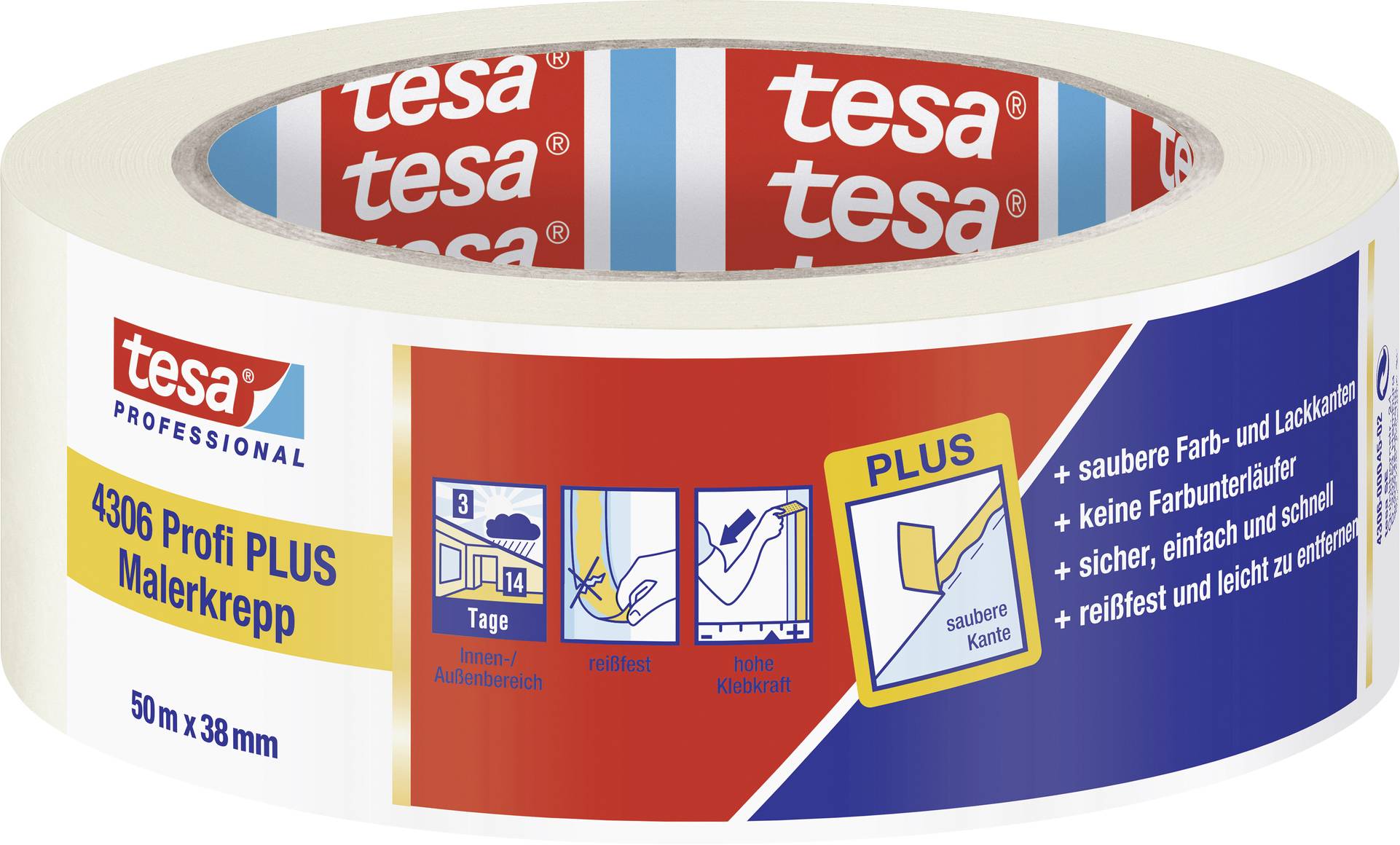 Klebeband der Marke 'tesa' mit dem Aufdruck '4306 Profi PLUS Malerkrepp', geeignet für saubere Farbkanten und leicht entfernbar.