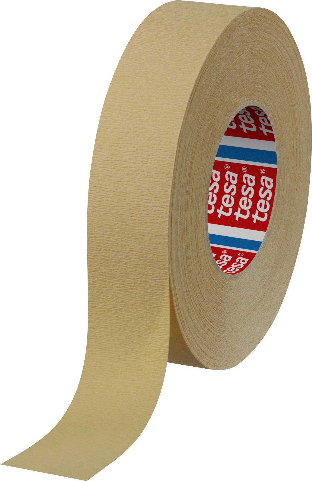 Eine Rolle braunes Klebeband mit innerem Etikett 'tesa' in Rot und Blau. Das Band ist teilweise abgerollt nach links.