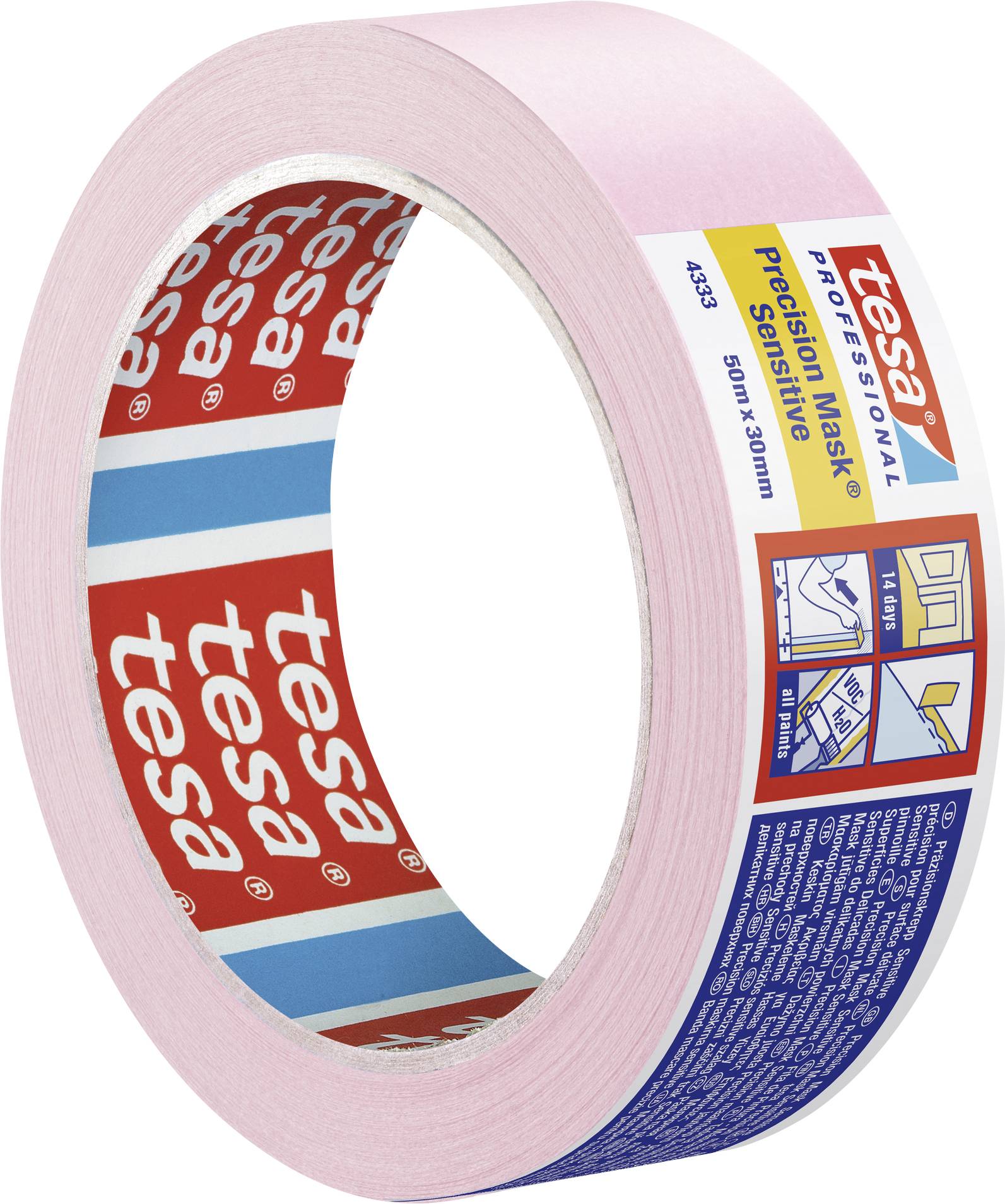 Rolle eines rosa Malerbands der Marke 'tesa', geeignet für empfindliche Oberflächen. Auf der Verpackung sind Anwendungshinweise abgebildet.