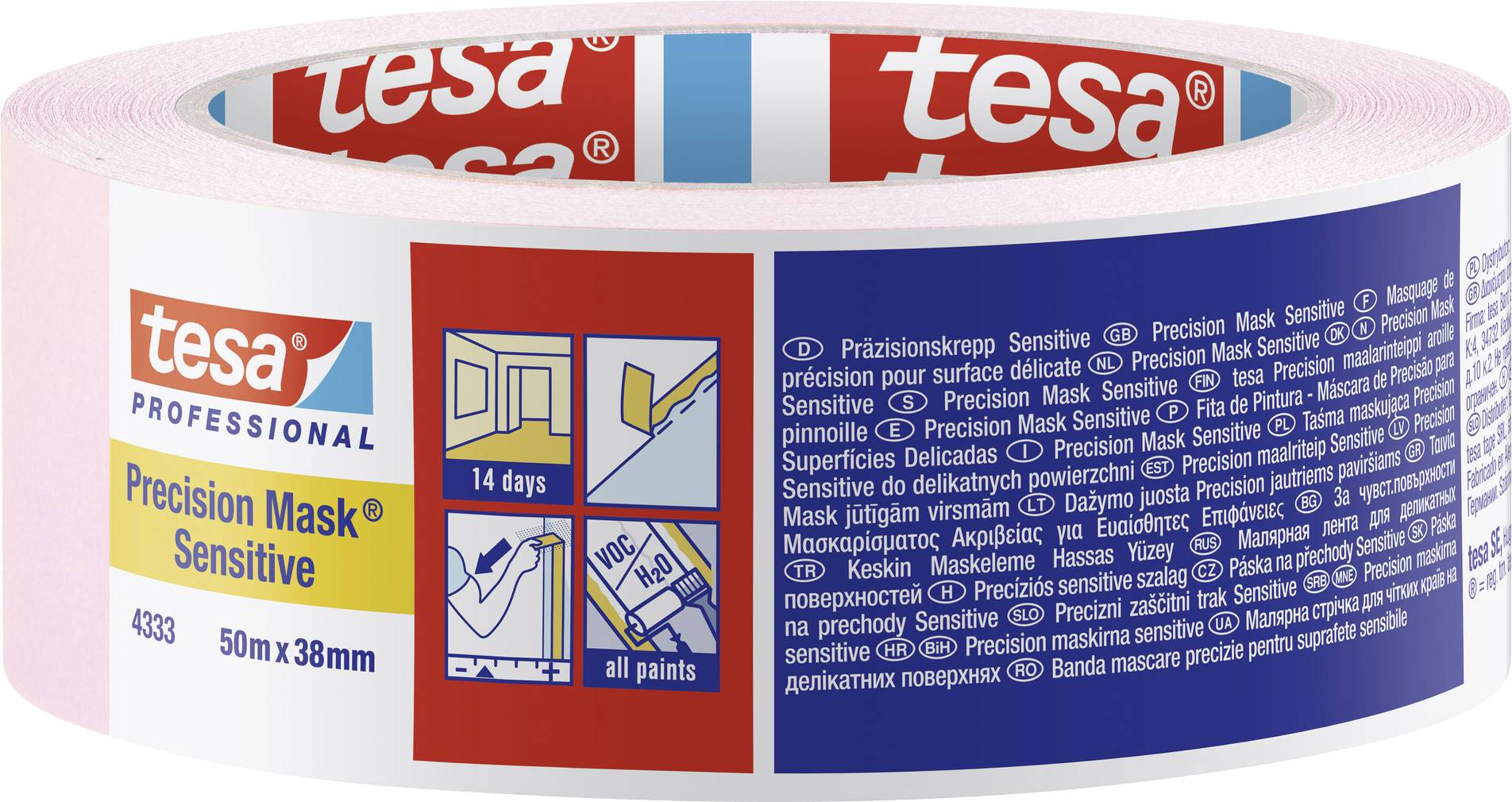 Rolle eines gelben Präzisionsabdeckbandes der Marke tesa, geeignet für empfindliche Oberflächen, 50m lang und 38mm breit.