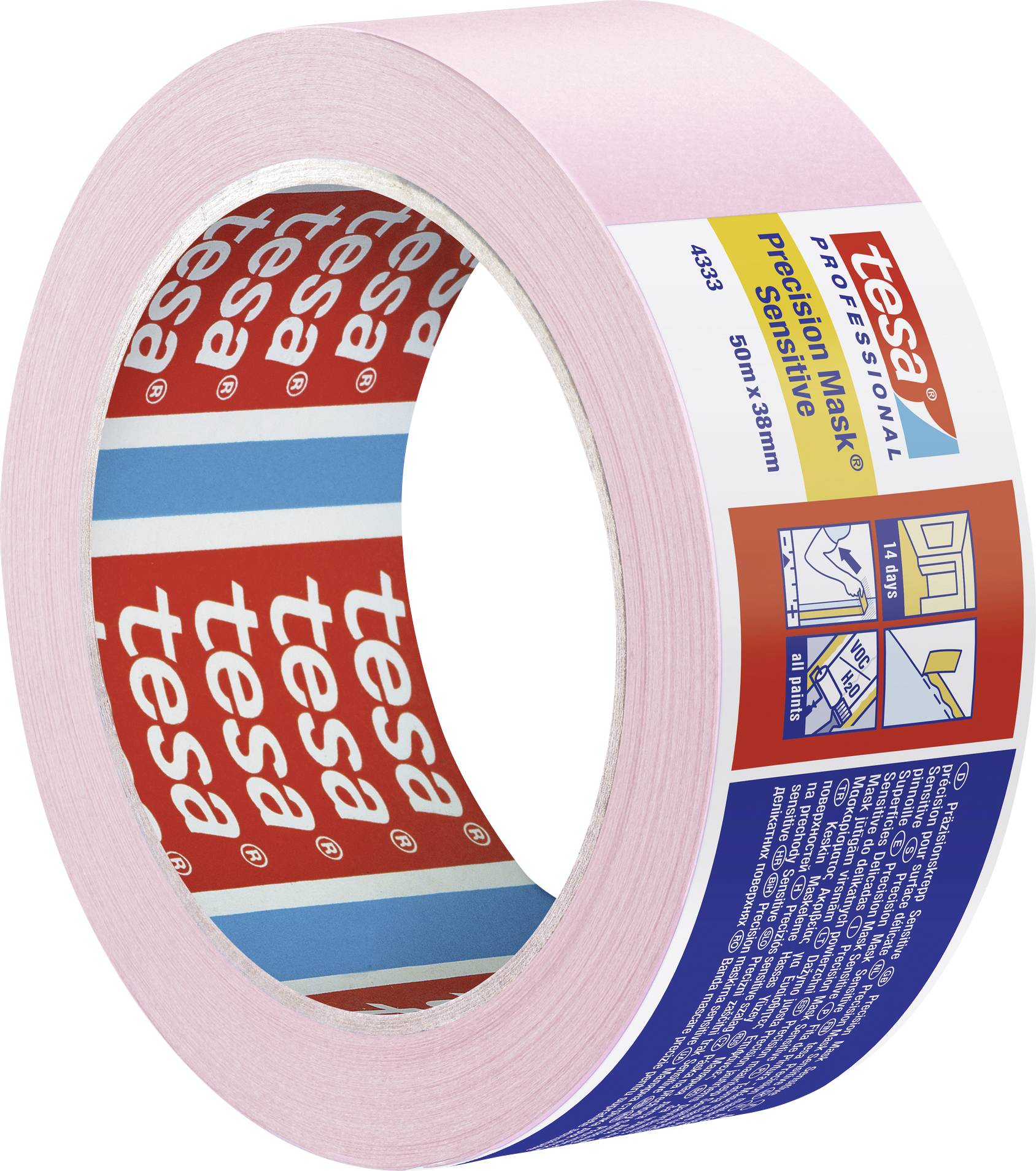 Eine Rolle rosa Malerkreppband der Marke 'tesa' mit blauer und roter Verpackung, geeignet für empfindliche Oberflächen.