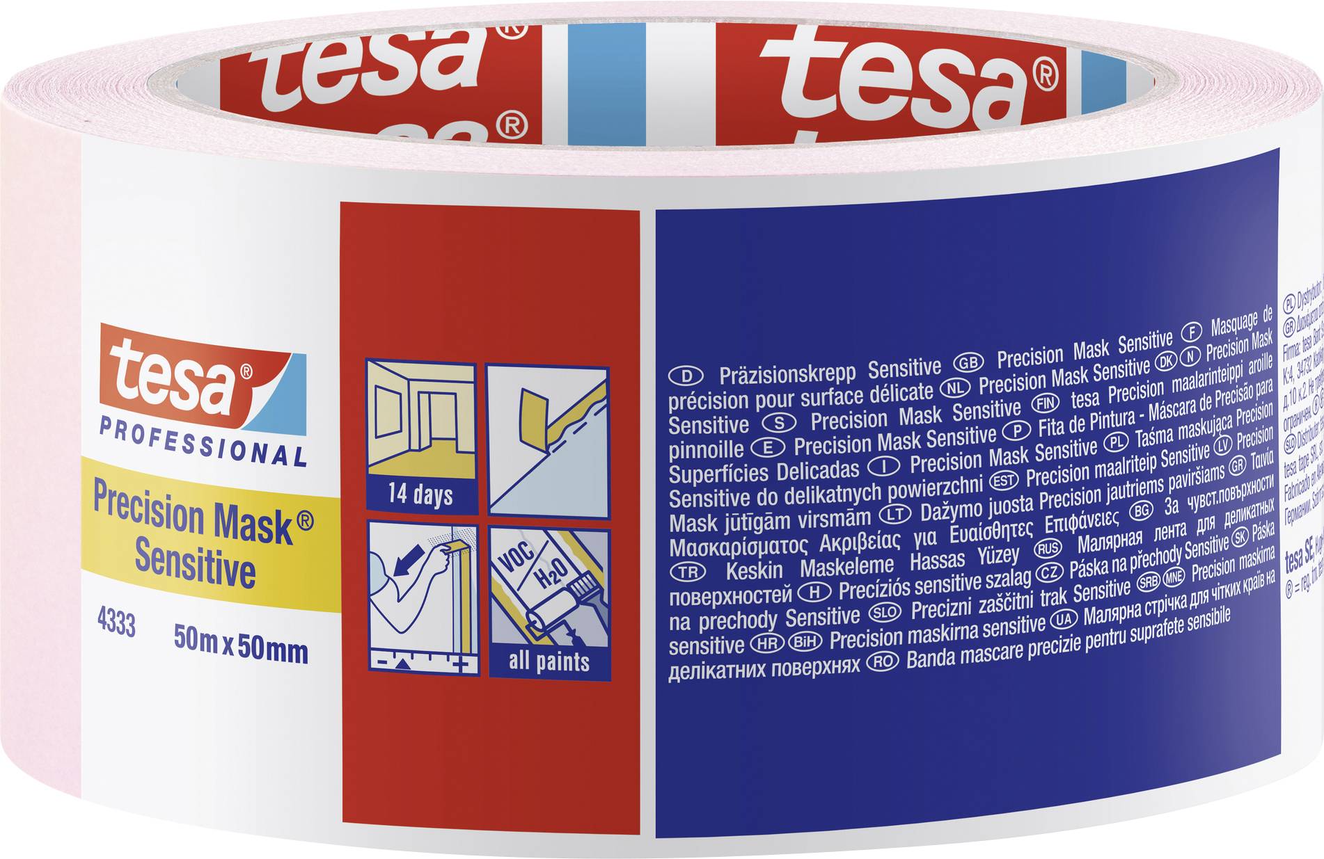 Eine Rolle Malerkreppband der Marke 'tesa', geeignet für empfindliche Oberflächen. Es ist 50 mm breit und kann 14 Tage haften.