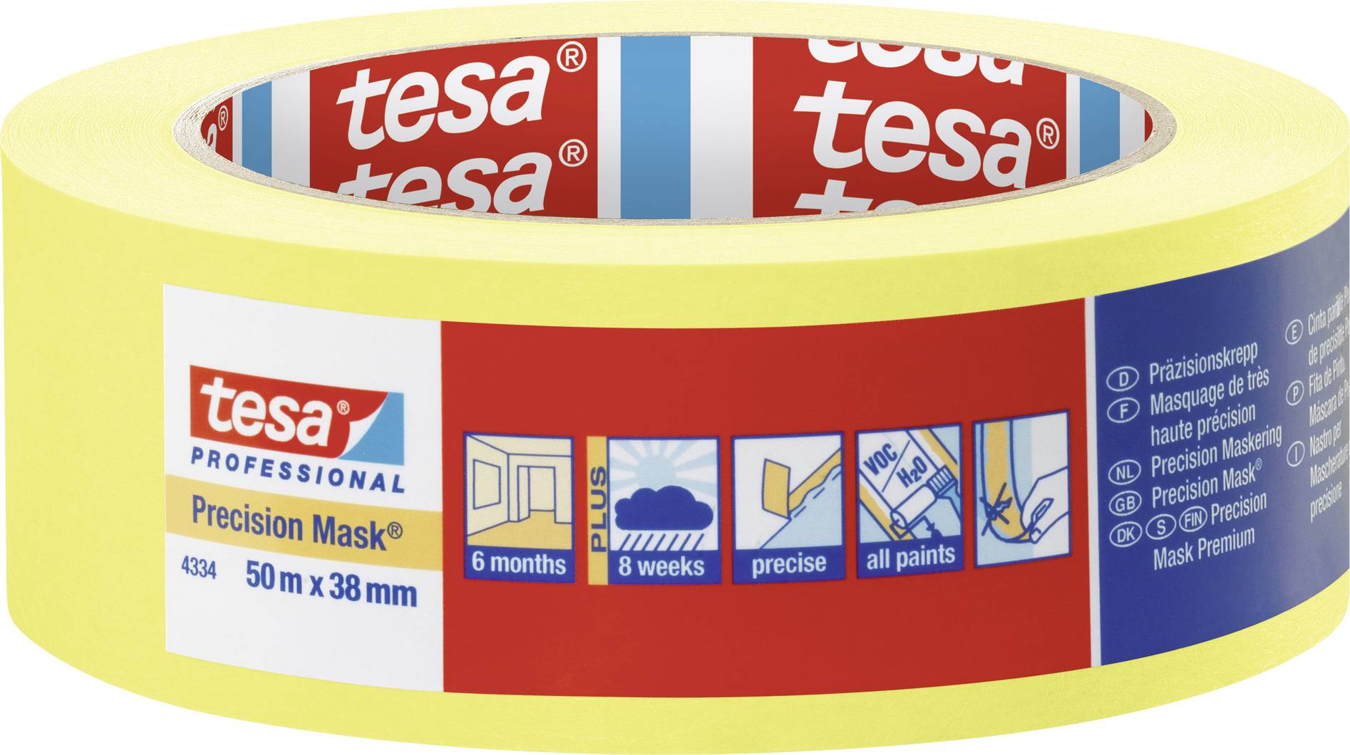 Gelbes Kreppband der Marke 'tesa' mit blauer und roter Verpackung, 50 m x 38 mm Größe. Geeignet für präzises Malern, alle Farben.