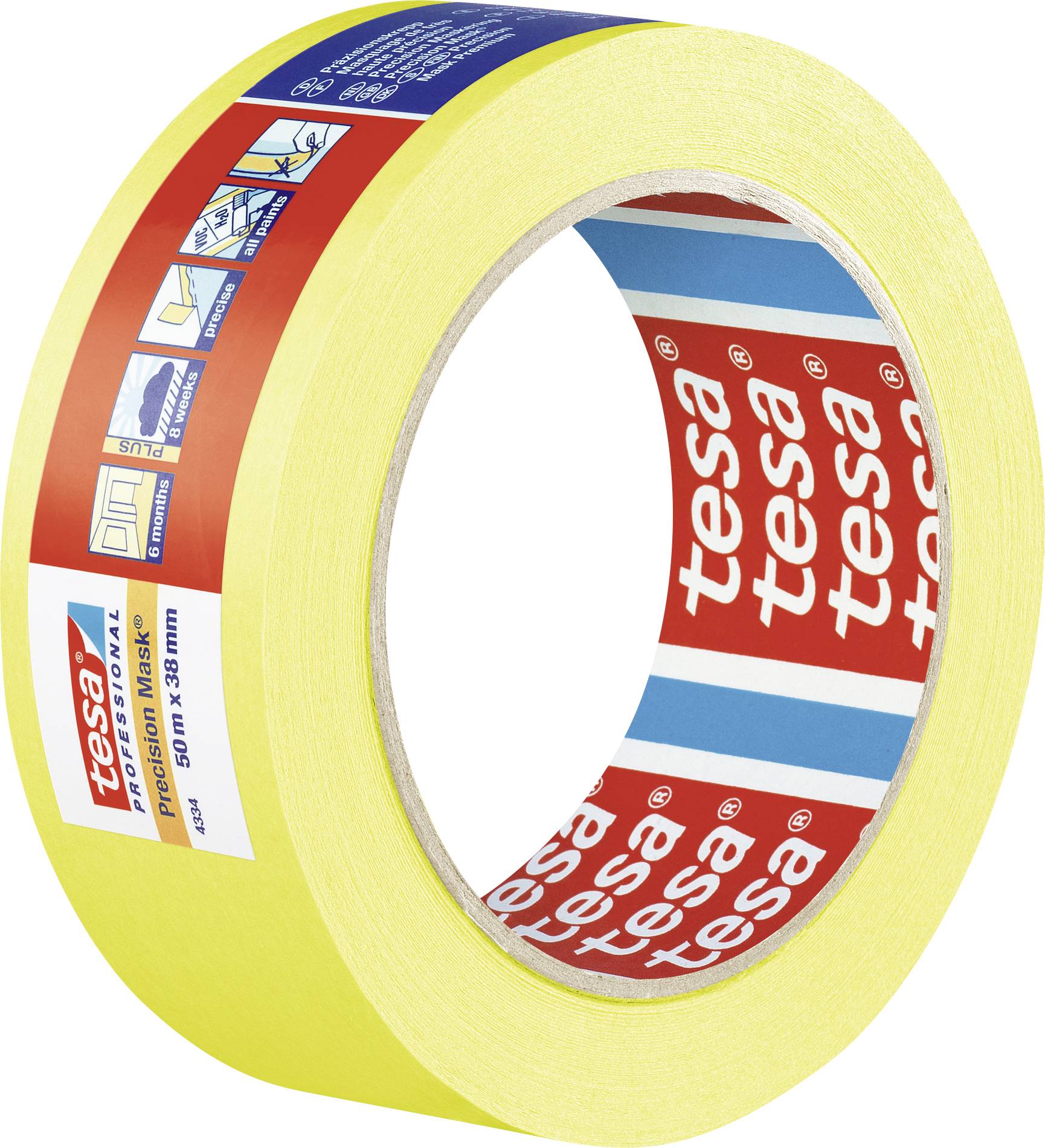 Gelbes Abdeckband von tesa für präzises Malerarbeiten, auf einer Rolle mit roten 'tesa'-Markierungen.