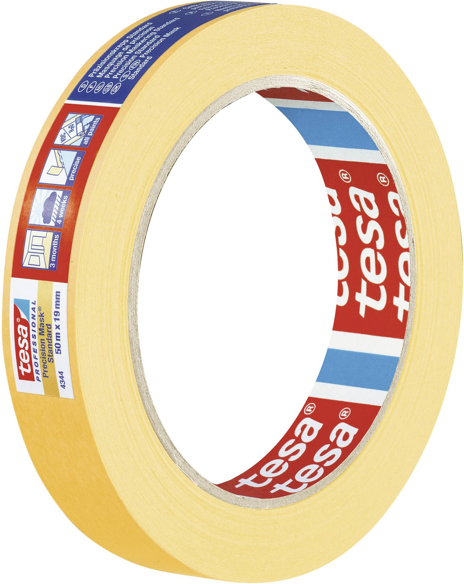 Eine Rolle gelbes Klebeband der Marke Tesa mit roten und blauen Etiketten, genutzt für Maler- und Abdeckarbeiten.