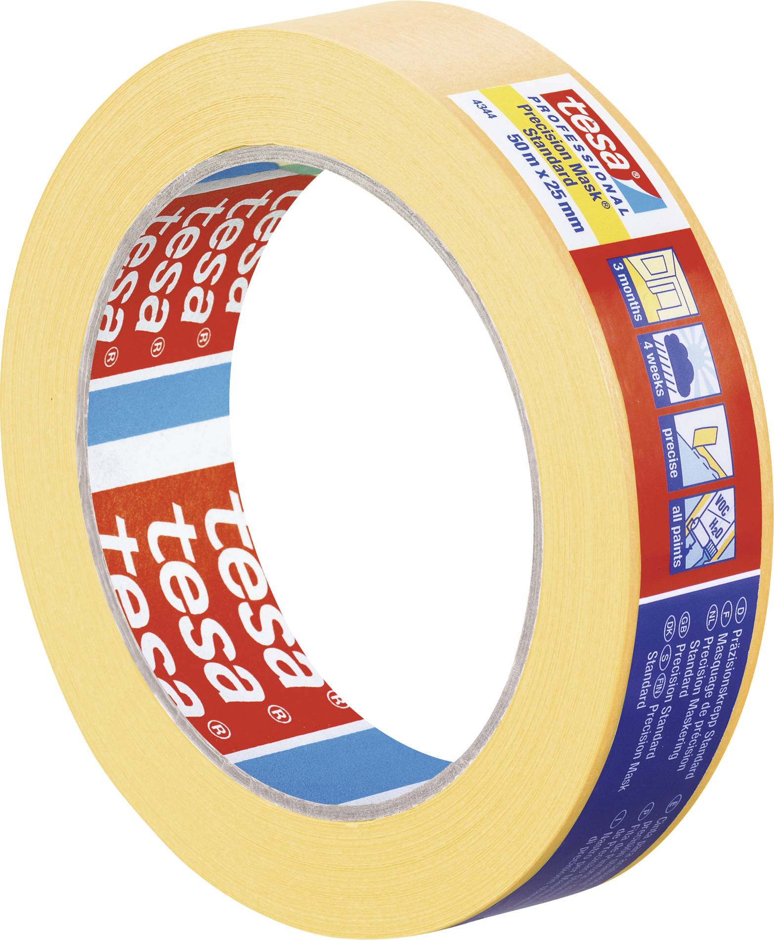 Kreppbandrolle mit gelbem Band und 'tesa'-Logo. Verpackung zeigt Piktogramme zur Anwendung: Lackierarbeiten, Schutz beim Malen.