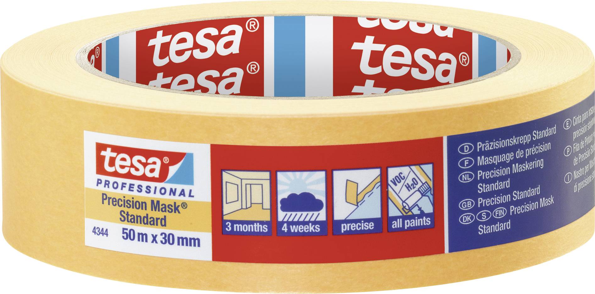 Kreppband der Marke Tesa, 'Precision Mask Standard', 50 m x 30 mm. Verwendung: präzises Abkleben für verschiedene Malerarbeiten.