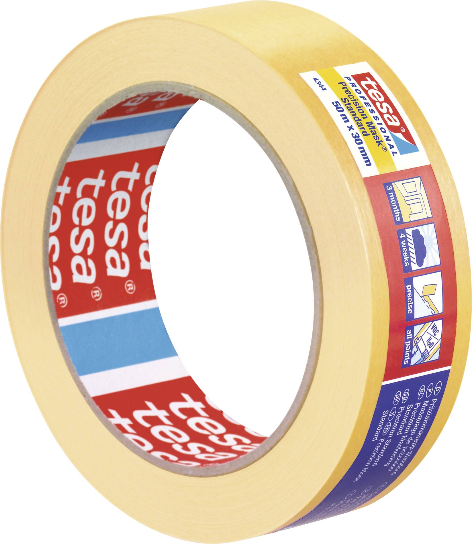 Rolle mit gelbem Kreppband von Tesa, geeignet zum Abkleben bei Malerarbeiten. Beschriftung auf der Verpackung zeigt Produktspezifikationen.