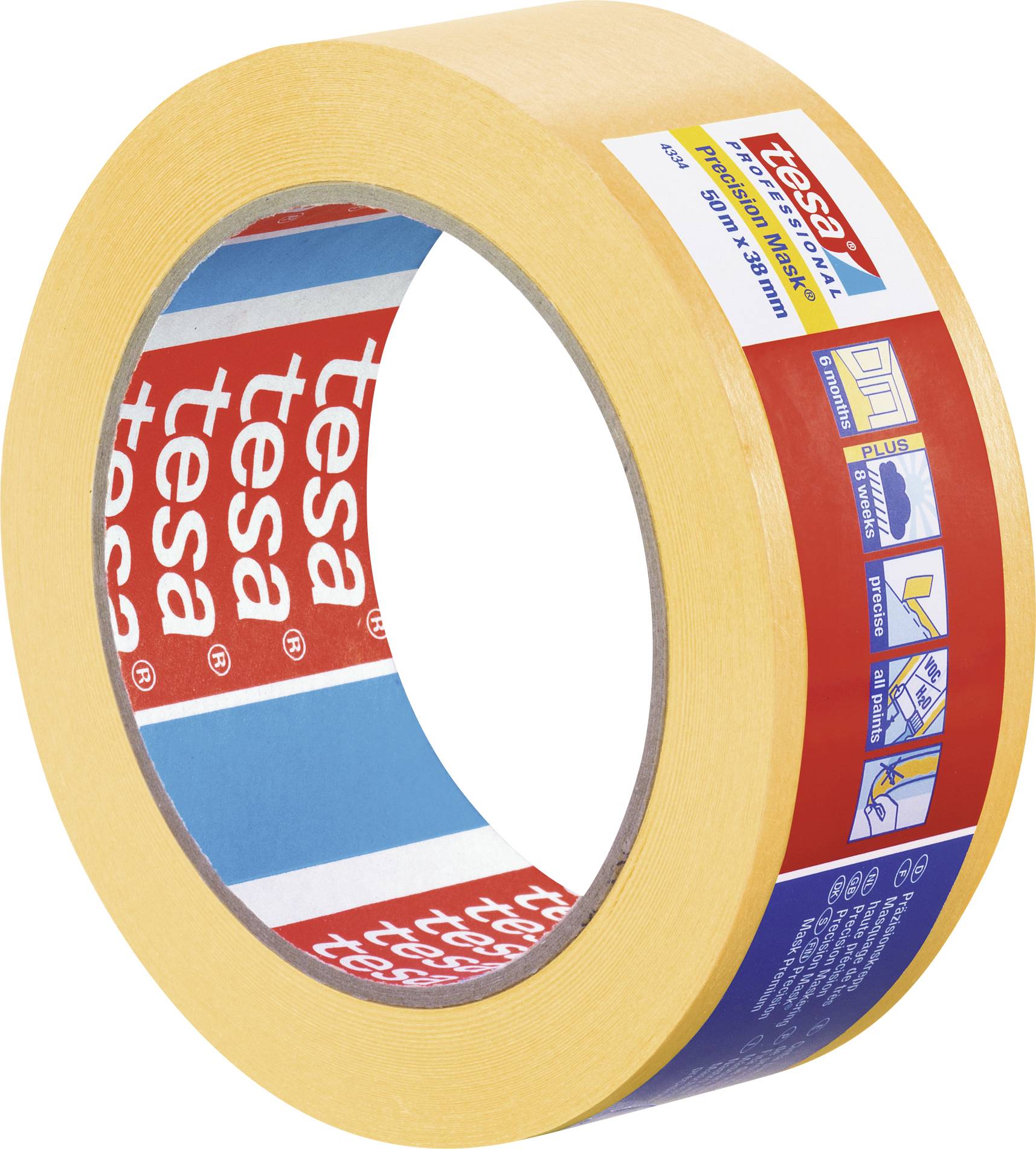 Eine Rolle beigeffarbenes Tesa Malerband mit rotem Etikett. Auf der Verpackung sind blaue Piktogramme zur Anwendung zu sehen.