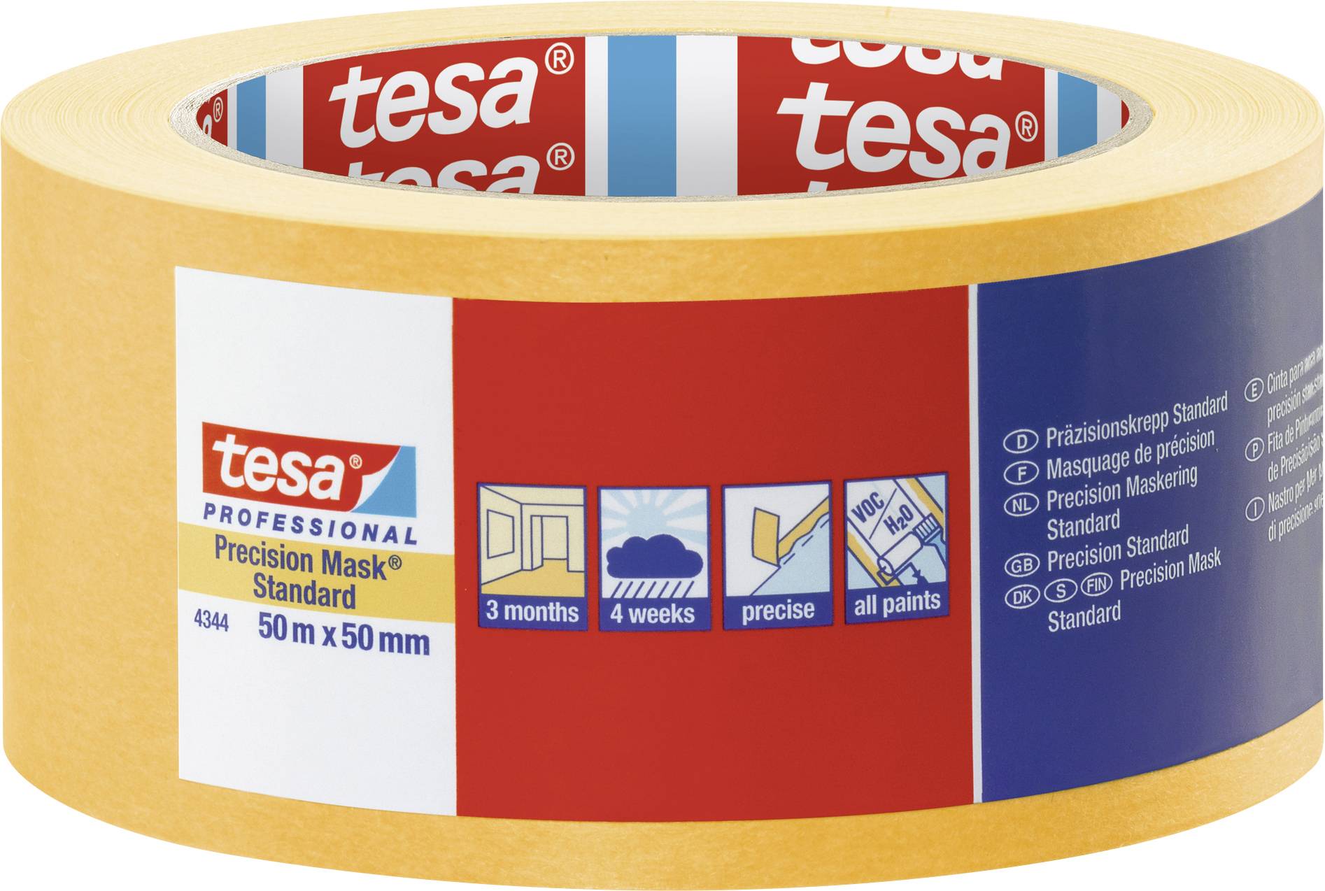 Gelbe Klebebandrolle; Marke 'tesa', 50 m x 50 mm. Aufdruck: für präzises Abkleben, haltbar bis 3 Monate, geeignet für alle Farben.