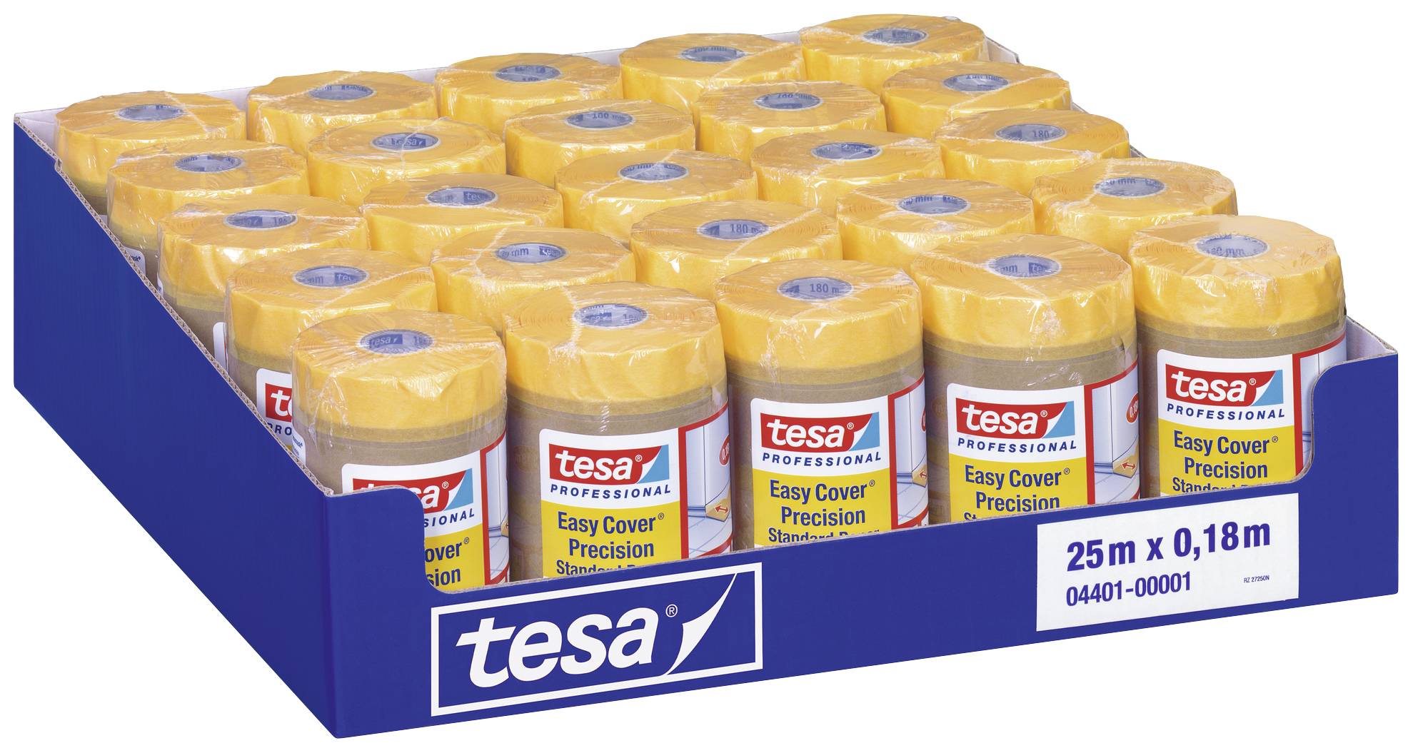 Eine blaue Schachtel mit mehreren Rollen Tesa Easy Cover Precision Standard, jedes 25 m lang und 0,18 m breit.