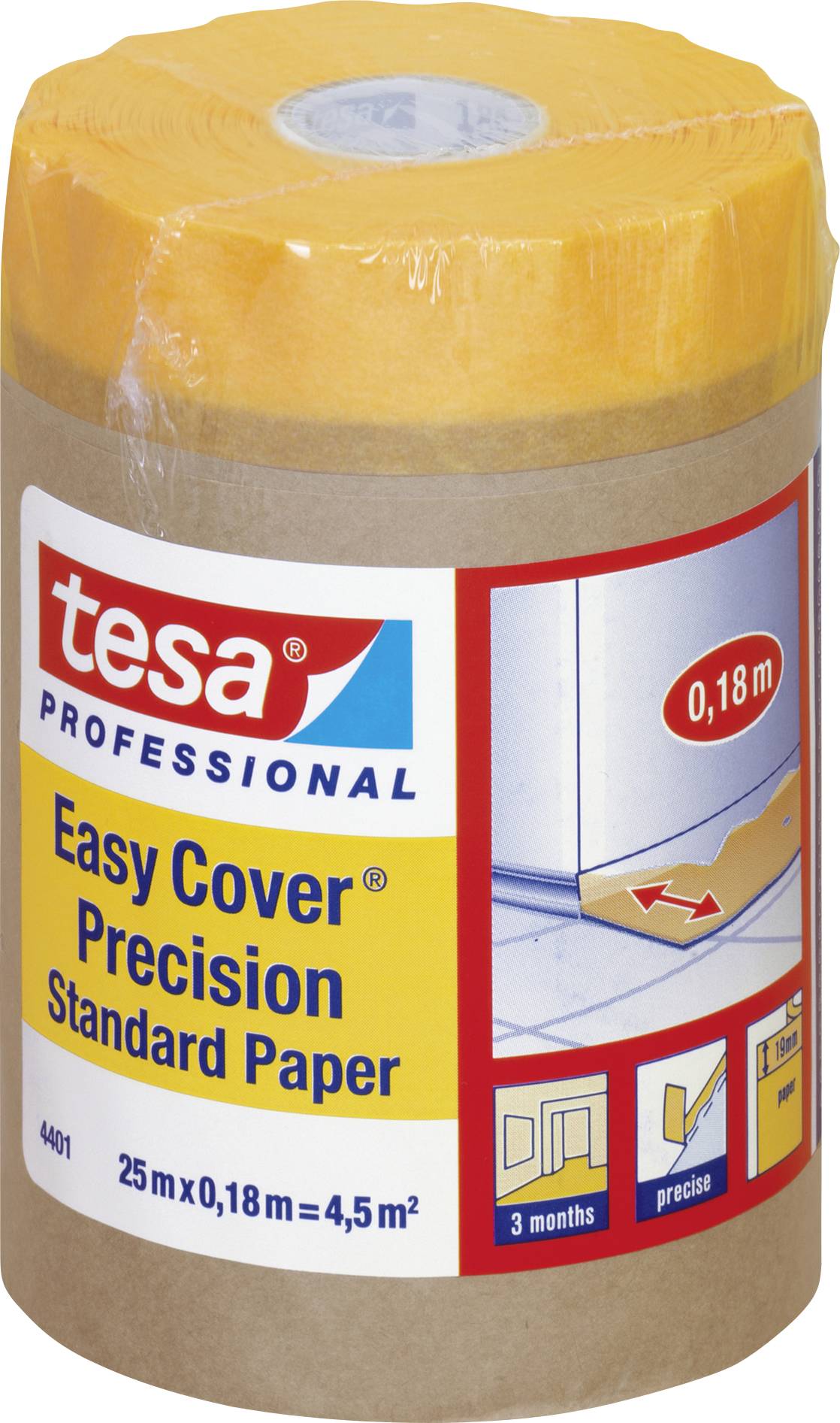 Rolle Abdeckpapier mit gelbem Klebeband. Beschriftung: 'tesa Easy Cover Precision Standard Paper'. Für präzises Abkleben beim Streichen.