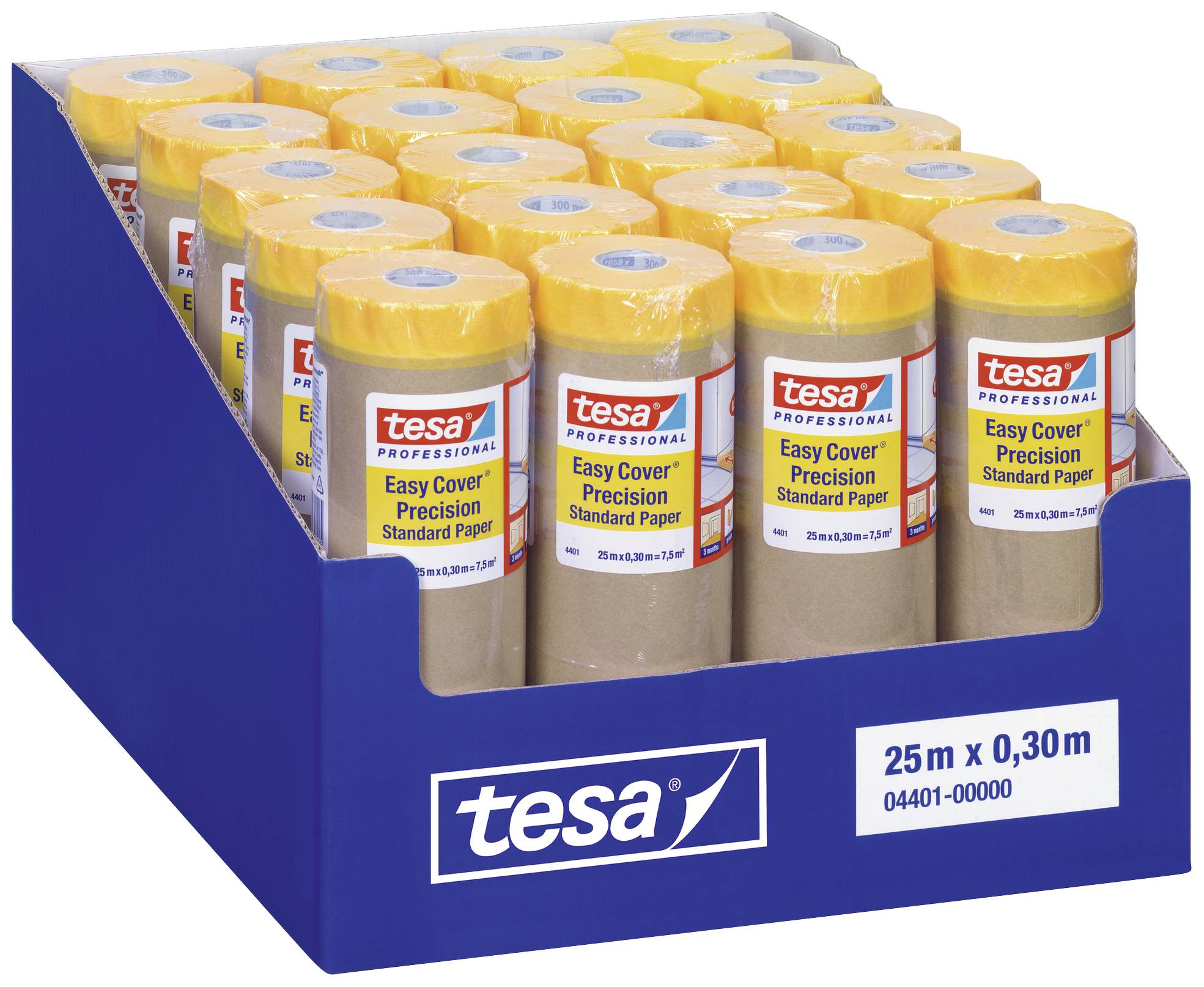 Ein Karton mit 25 Rollen Tesa 'Easy Cover Precision Standard Paper', gelbe Verpackung, geeignet für präzises Abdecken beim Malern.
