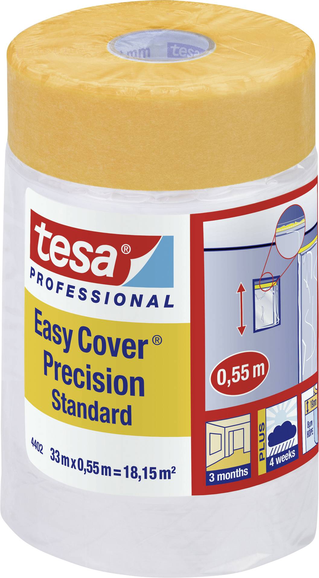 Verpackung einer 'tesa Easy Cover Precision Standard' Abdeckfolie. Länge: 33 m, Breite: 0,55 m, Fläche: 18,15 m². Farbe: Orange und Transparent.