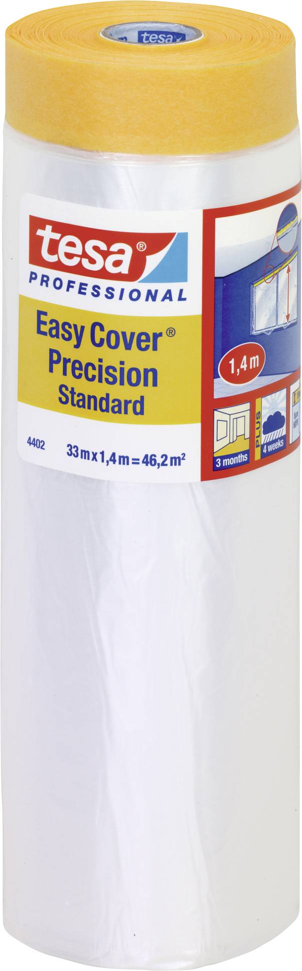 Eine Rolle Abdeckfolie mit dem Etikett 'tesa Easy Cover Precision Standard', 33 m x 1,4 m, zur professionellen Abdeckung.