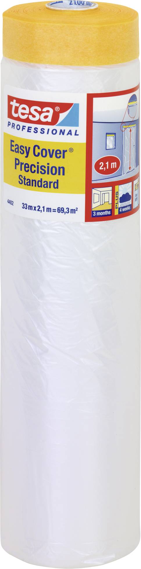 Rolle von Tesa Easy Cover Precision Standard mit gelbem Band, zum präzisen Abdecken bei Malerarbeiten, 2,1 m x 33 m.