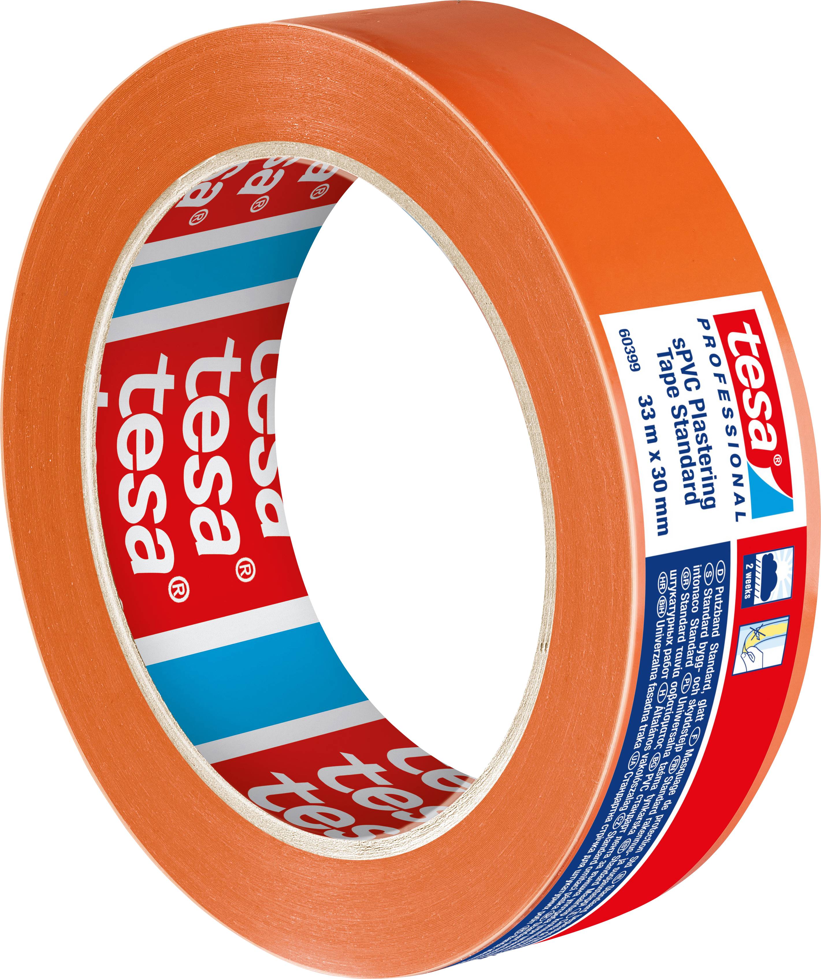 Eine Rolle orangenen Abdeckbands der Marke 'tesa', 33 m lang und 30 mm breit, mit Etikett für professionelle Anwendungen.