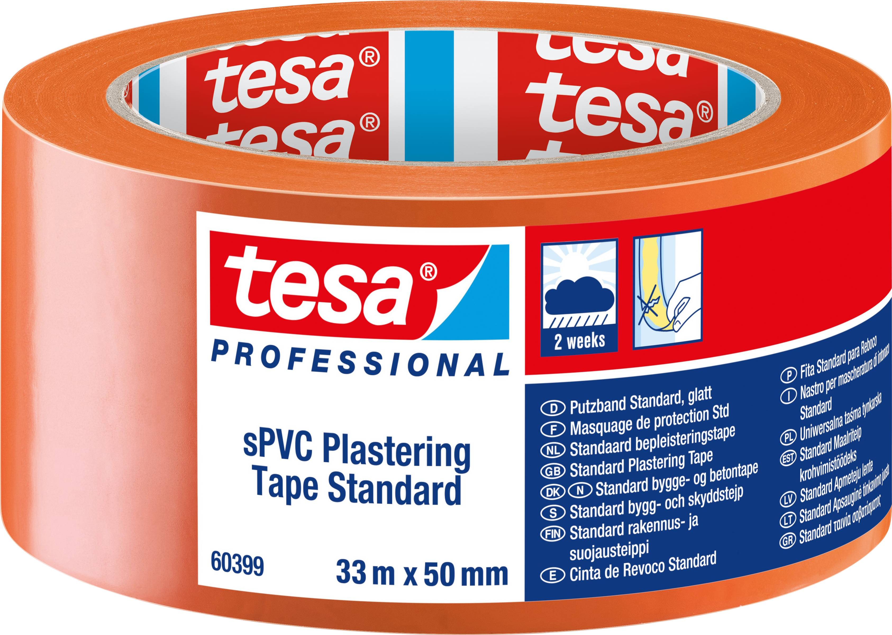 Rolle Tesa Putzband standard, orange, 33m x 50mm, für glatte Oberflächen. Hält innen/außen, bis 2 Wochen UV-beständig.