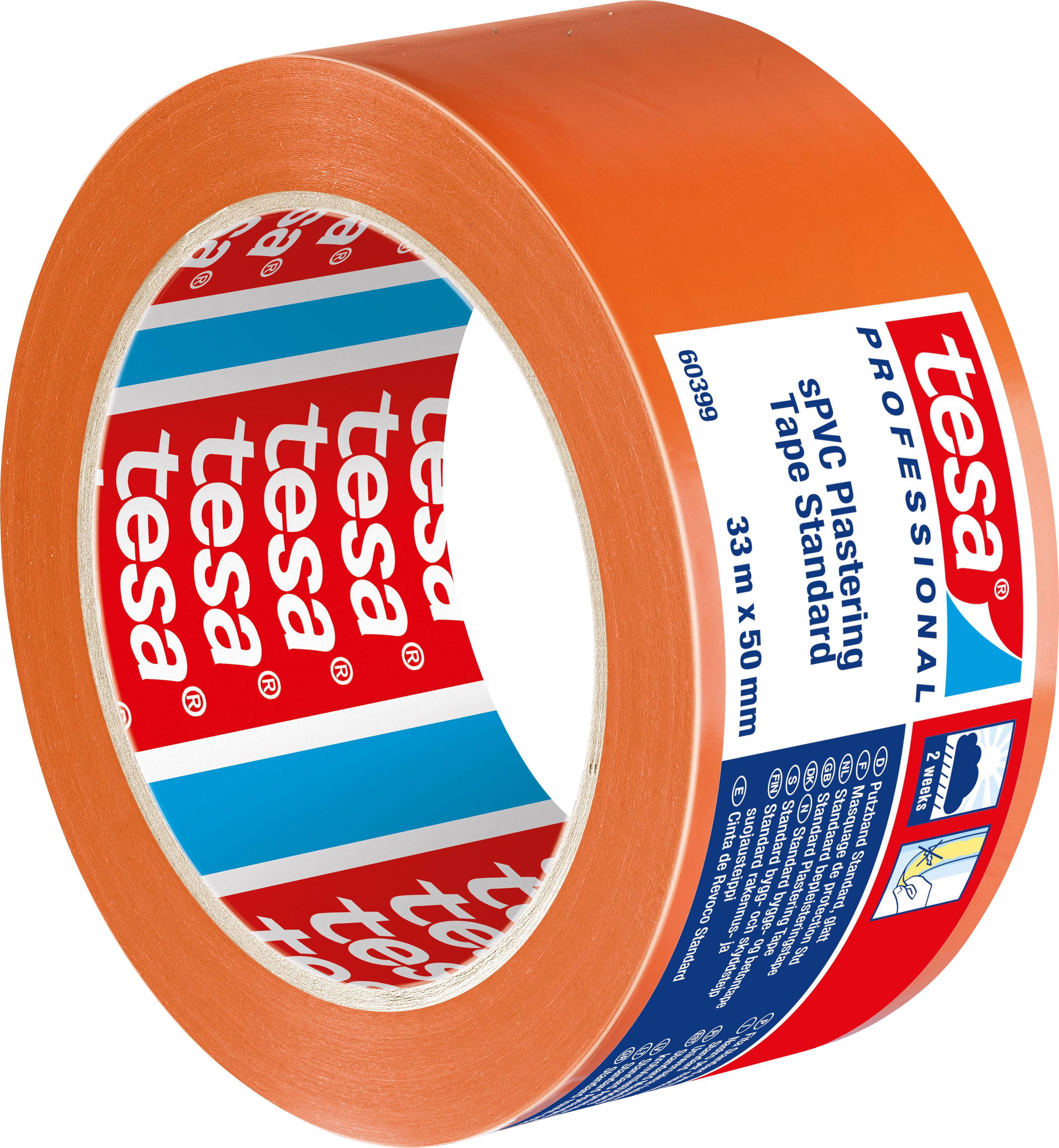 Eine orange Rolle Klebeband der Marke tesa mit der Aufschrift 'PV2 Plastering Tape Standard', geeignet zum Abkleben.
