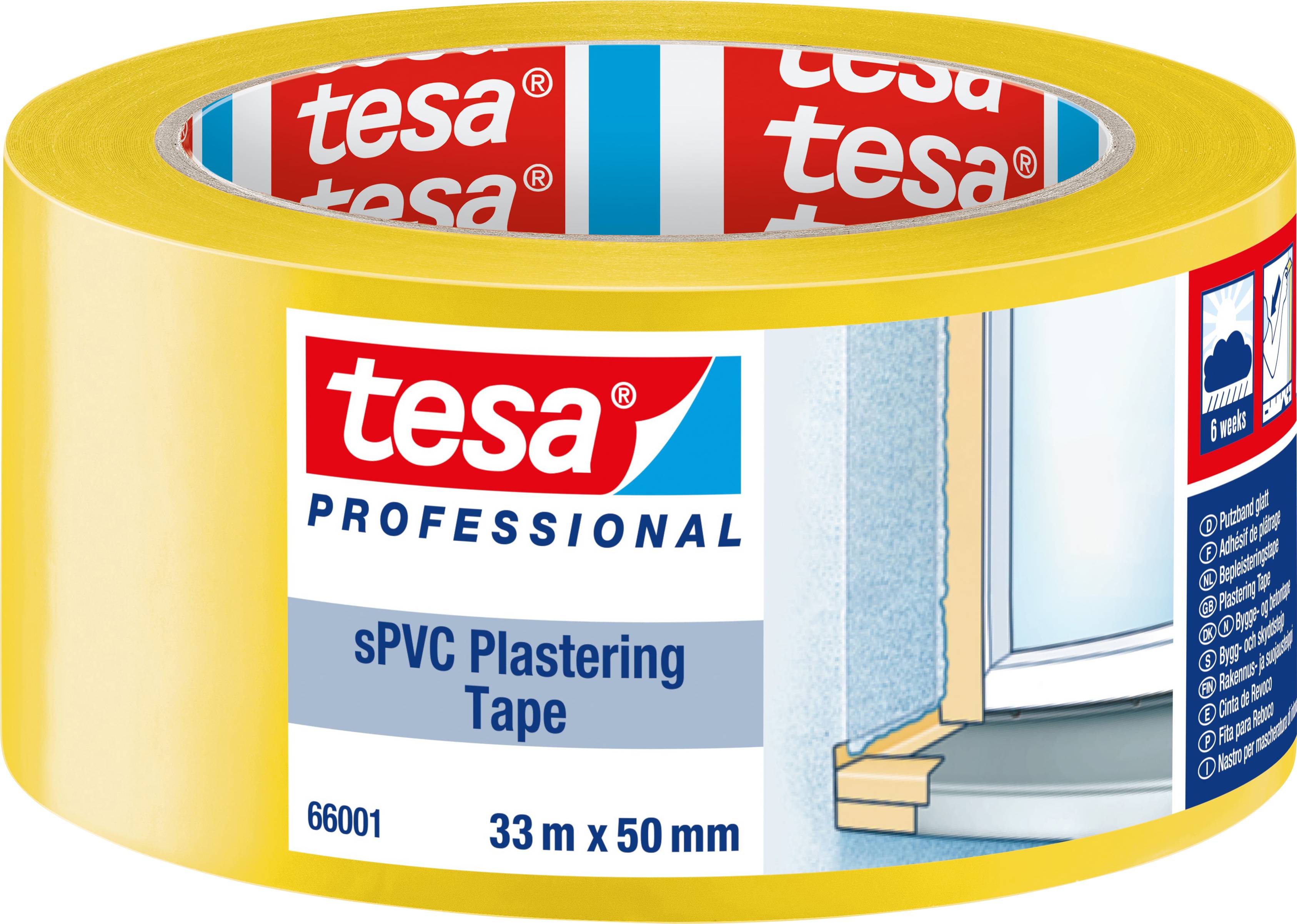 Gelbe Rolle mit Klebebandmarke 'tesa' und Beschriftung 'sPVC Plastering Tape'. Größe: 33 m x 50 mm. Verpackung zeigt Fensterrahmen.