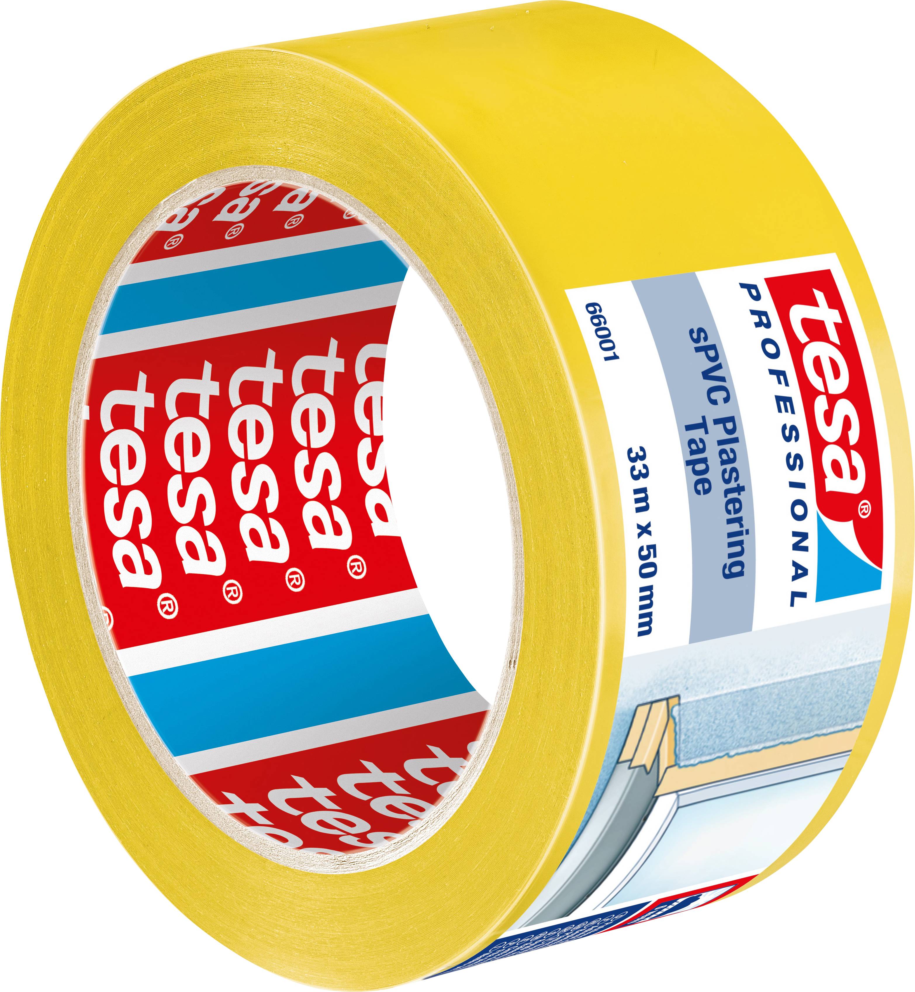 Eine Rolle gelbes PVC-Abdeckband von tesa, 33 m lang und 50 mm breit, speziell für den professionellen Gebrauch bei Putzarbeiten.
