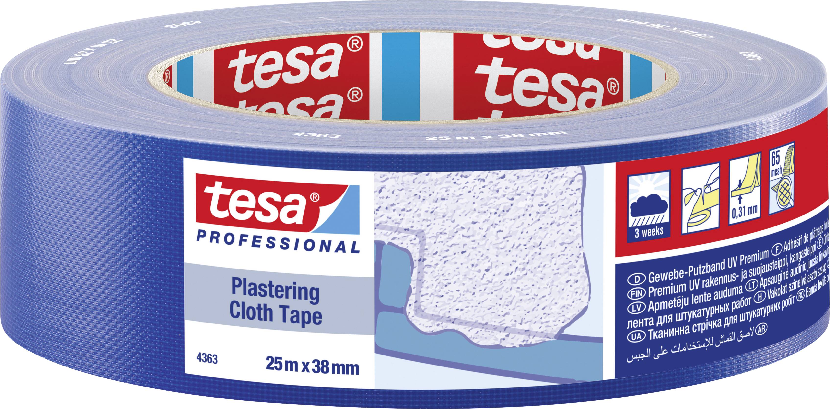 Blaues Abklebeband der Marke 'tesa Professional', geeignet zum Verputzen. Maße: 25 m x 38 mm. Verpackung zeigt Anwendungsbeispiele.