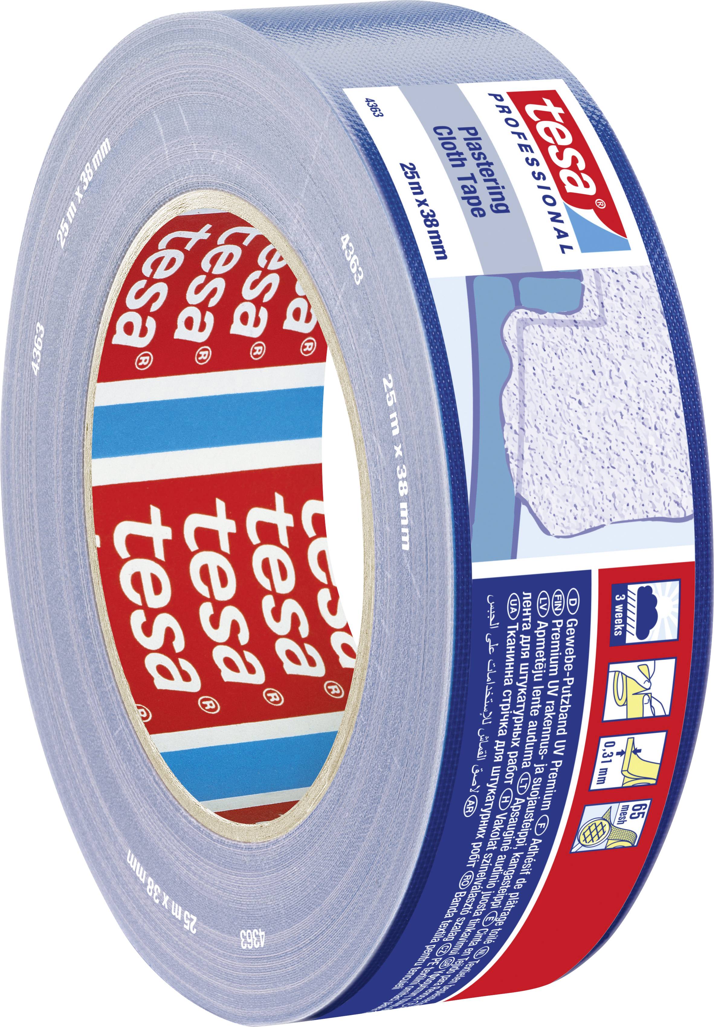 Eine Rolle blaues tesa Klebeband, geeignet für Putz, mit Abbildungen und Anweisungen zur Verwendung in verschiedenen Szenarien.