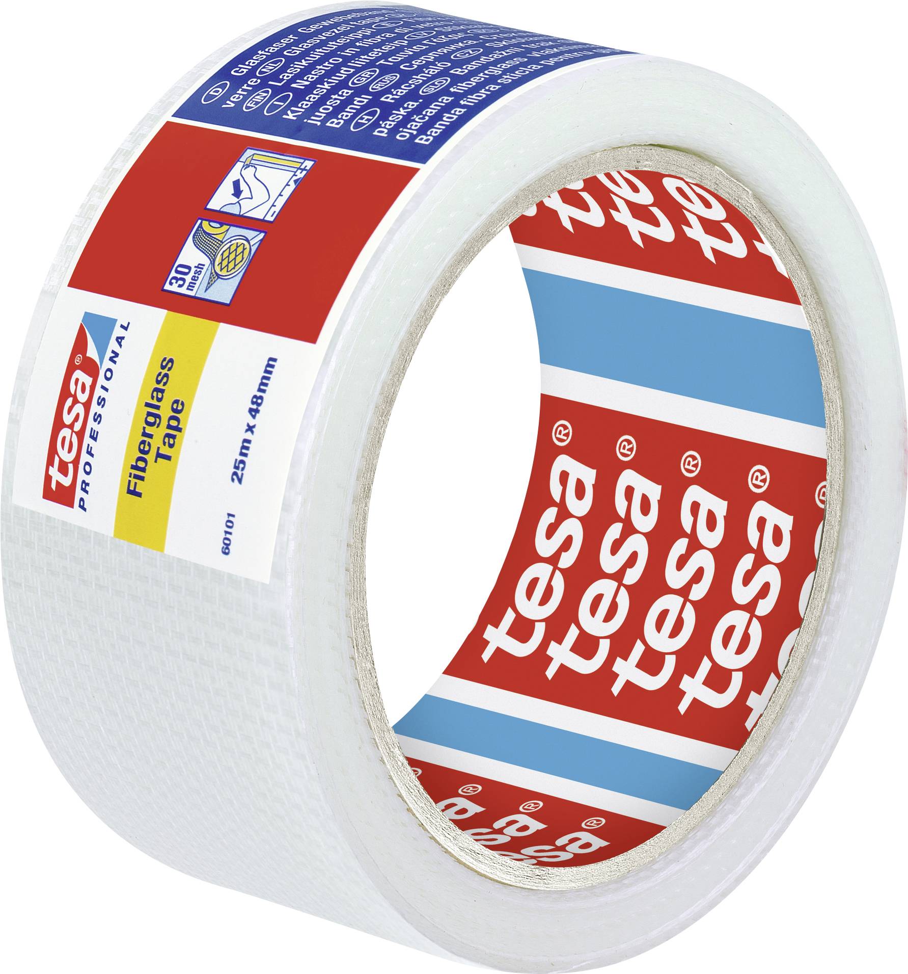Eine Rolle Glasfaserband der Marke Tesa, 25m x 48mm, mit rot-weißem Etikett. Geeignet für Bau- und Renovierungsarbeiten.