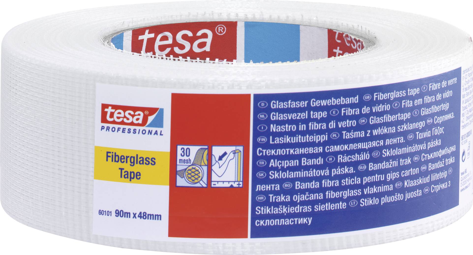 Rolle eines weißen Glasfaser-Gewebebandes von Tesa, 90m x 48mm, mit Produktbeschreibung und Logos auf der Verpackung.