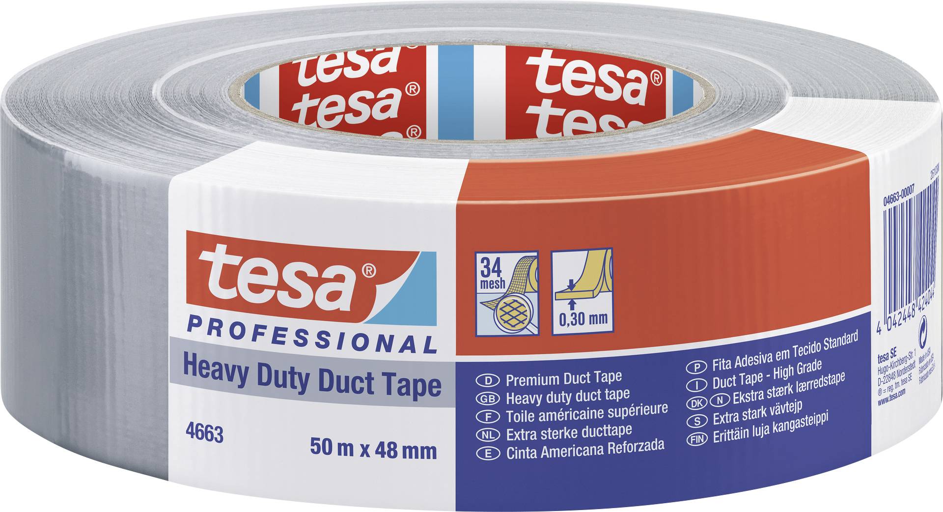 Rolle silbernes Klebeband 'tesa Professional Heavy Duty Duct Tape', 50 m x 48 mm, widerstandsfähig, für verschiedene Anwendungen.