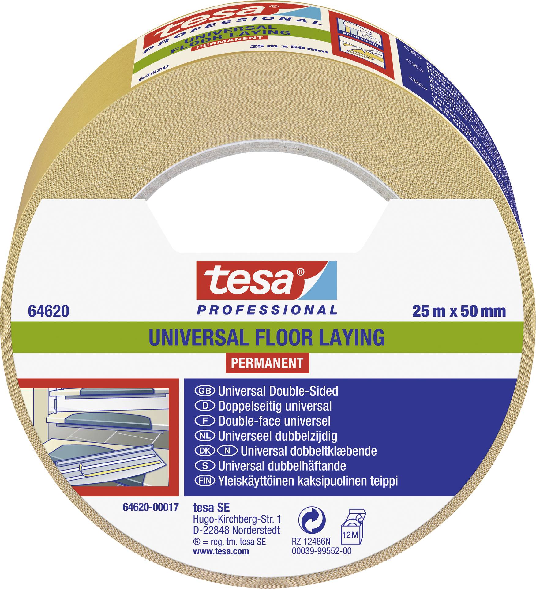 Rolle mit 'tesa' doppelseitigem Klebeband, beschriftet 'UNIVERSAL FLOOR LAYING, PERMANENT'; Maße: 25 m x 50 mm.