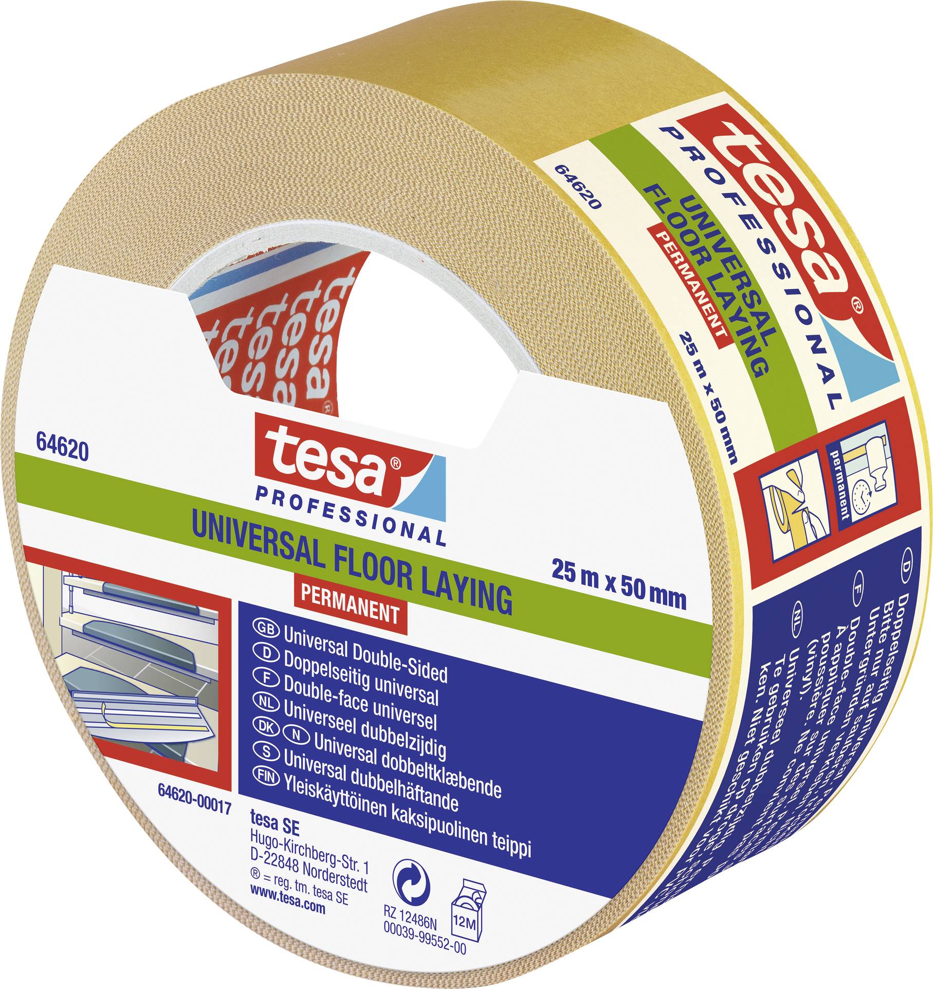 Rolle des Tesa-Universalklebebands für Bodenbelag, 25 m x 50 mm, beidseitig klebend, für permanente Anwendung.