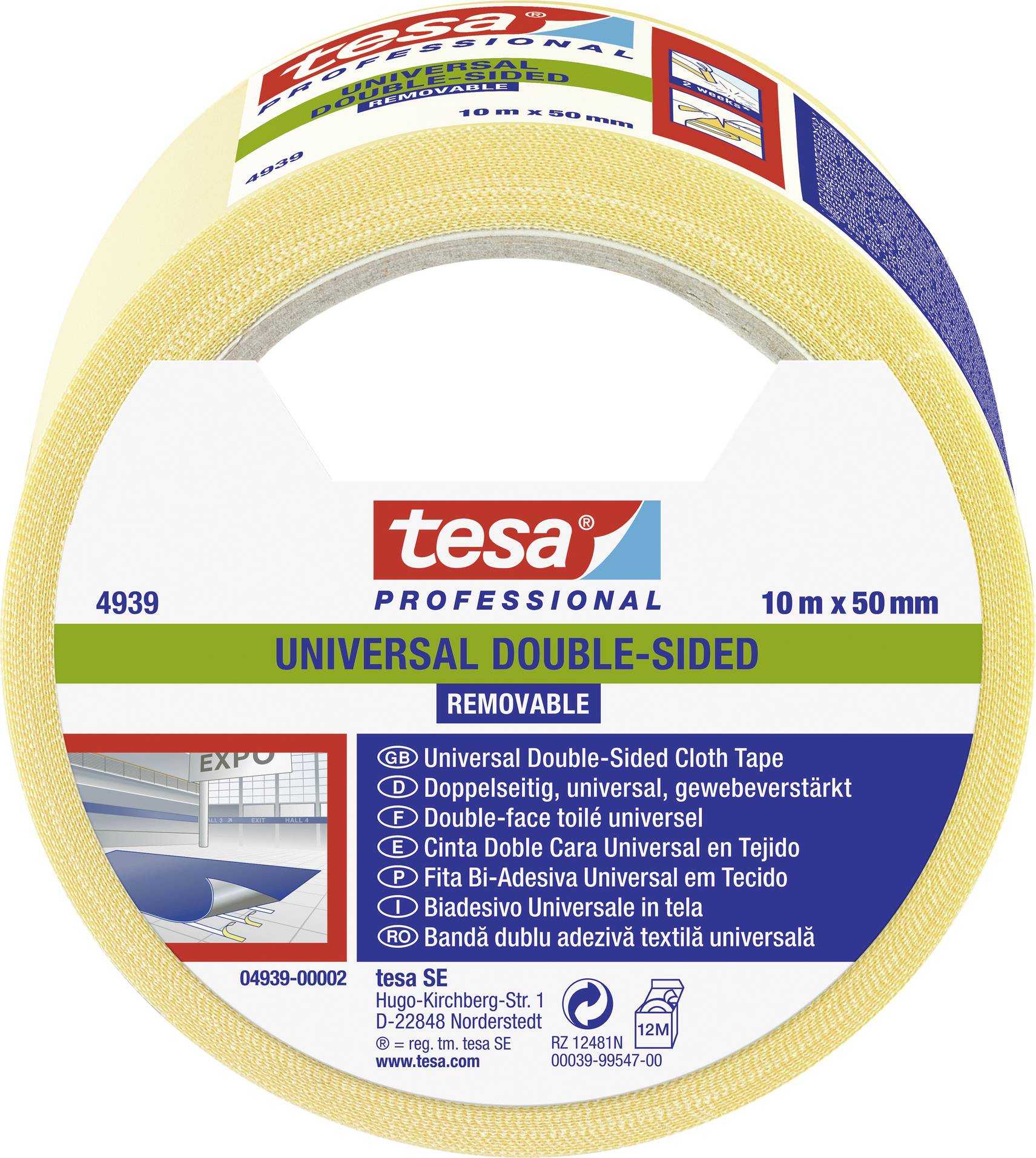 Dies ist eine Rolle tesa Professional doppelseitiges Klebeband in gelber Farbe, 10 m x 50 mm, geeignet für universelle Anwendungen.