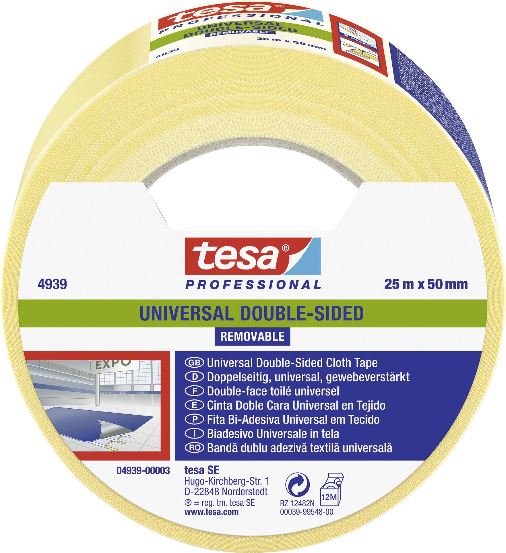 Zweiseitiges, abnehmbares Gewebeklebeband von Tesa, 25 m x 50 mm, geeignet für universellen Einsatz.