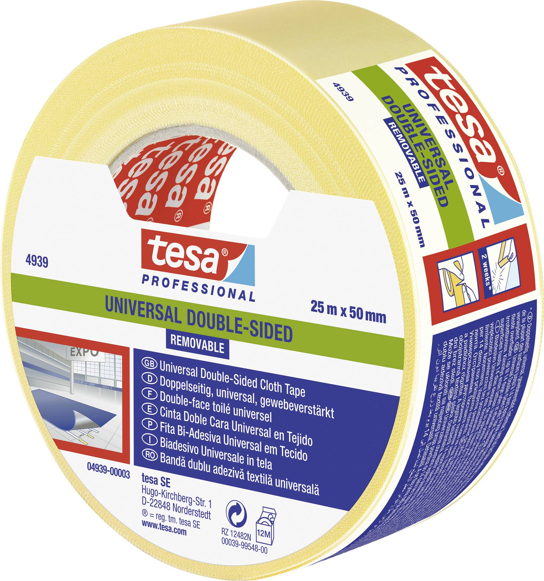 Rolle mit doppelseitigem Universal-Klebeband, 25 m x 50 mm, Marke tesa. Geeignet für Stoff, entfernbar, für professionellen Einsatz.