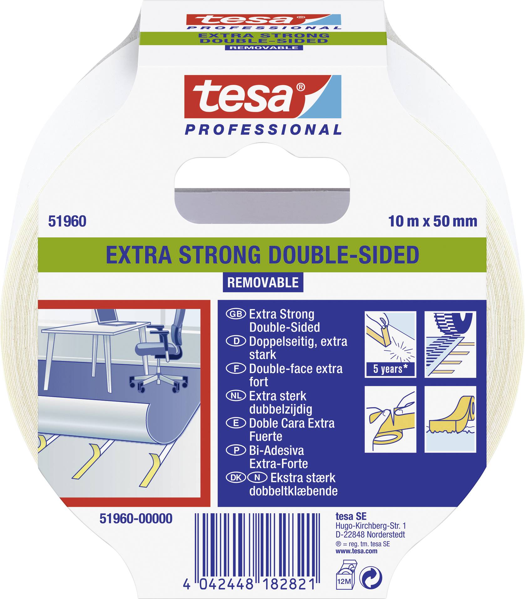 Doppelseitiges extra starkes Klebeband von Tesa, 10 m x 50 mm, geeignet für feste Verbindungen; Entfernbarkeit bis 5 Jahre.