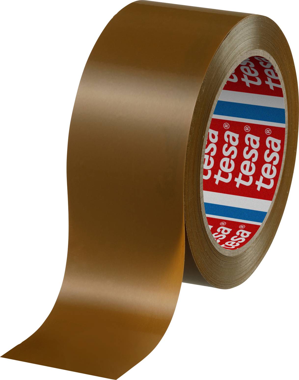 Eine braune Rolle Klebeband mit sichtbarem Innenetikett 'tesa'.