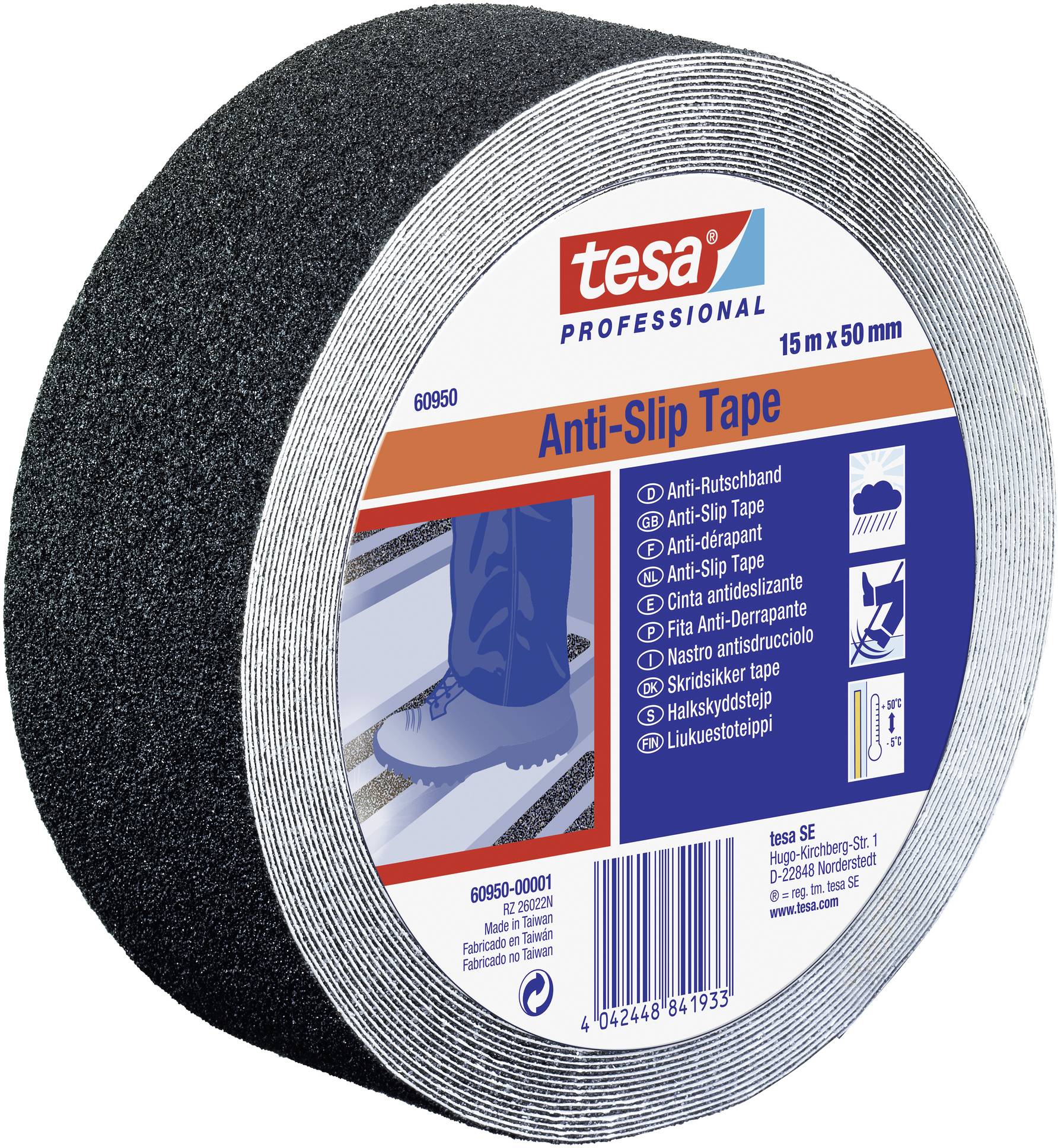 Graues Anti-Rutschband von Tesa, 15 m x 50 mm. Verpackung zeigt einen Schuh auf Treppe und verschiedene Sprachen für 'Anti-Rutschband'.