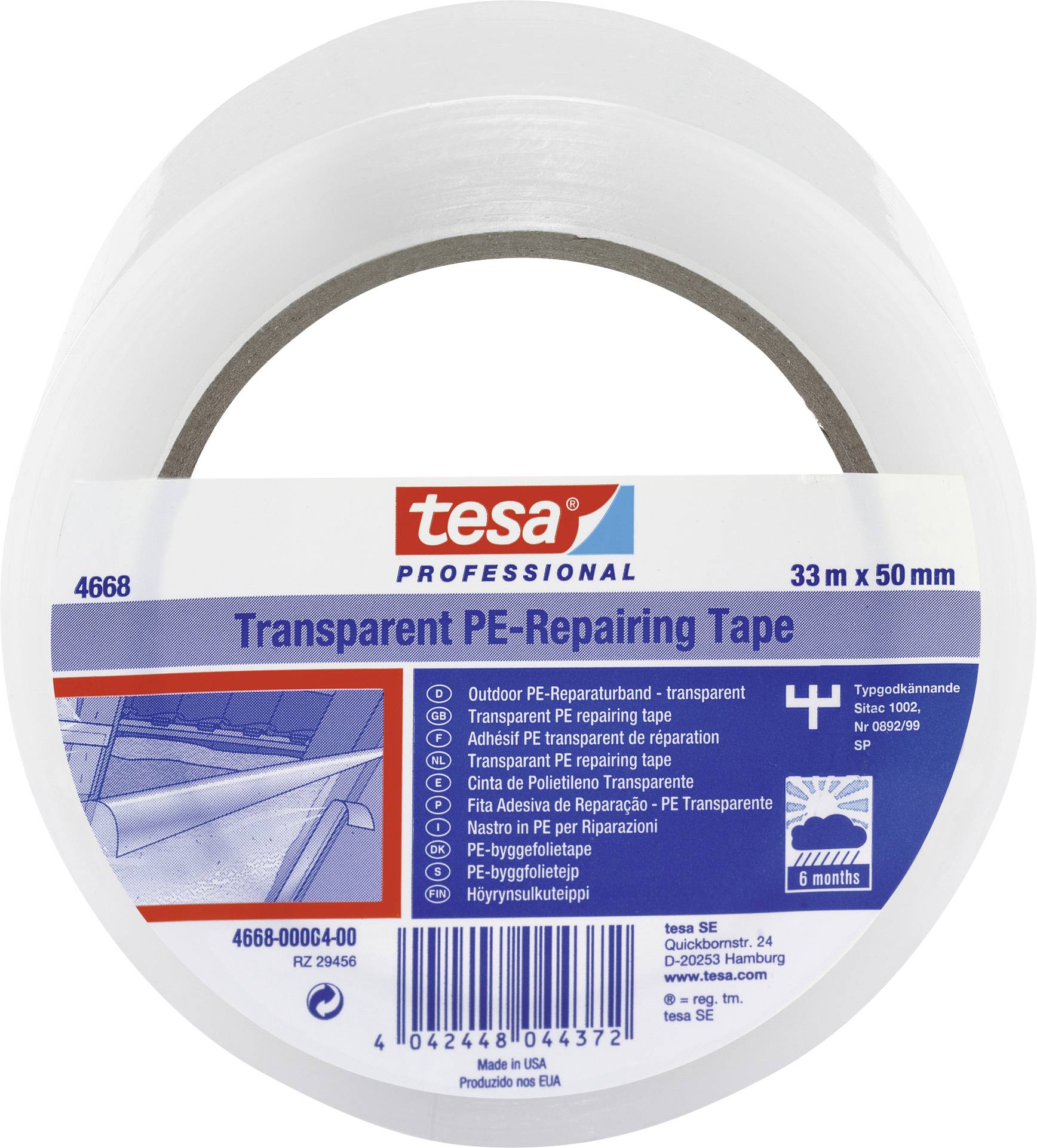 Rolle aus transparentem Reparaturklebeband von Tesa, 33 m x 50 mm. Verpackung zeigt Anwendungsbeispiele für PE-Oberflächen.