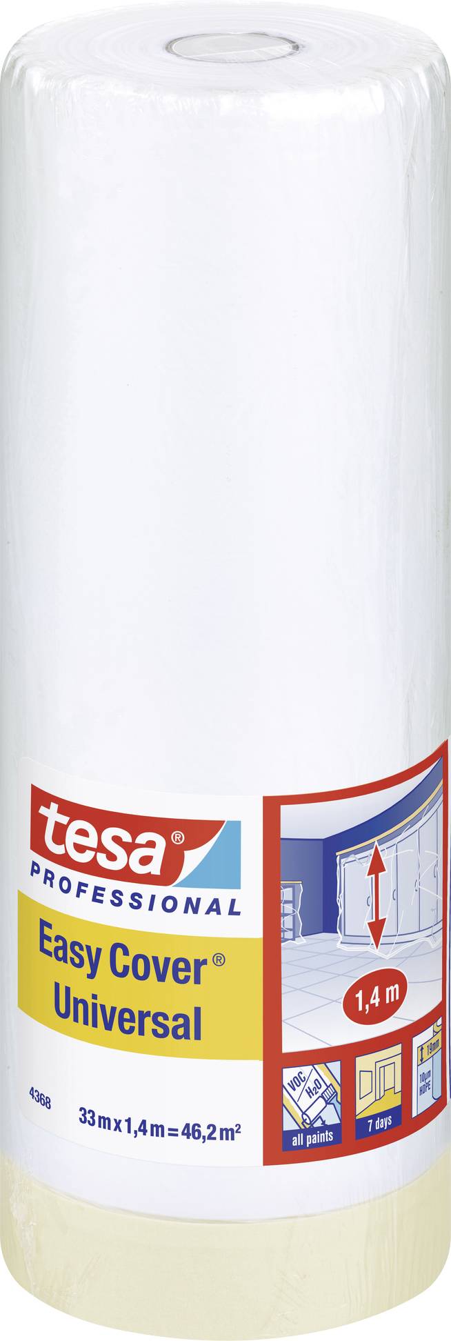 Rolle mit Abdeckfolie und Kreppband der Marke Tesa Professional, beschriftet mit 'Easy Cover Universal', geeignet für Flächen bis 46,2 m².