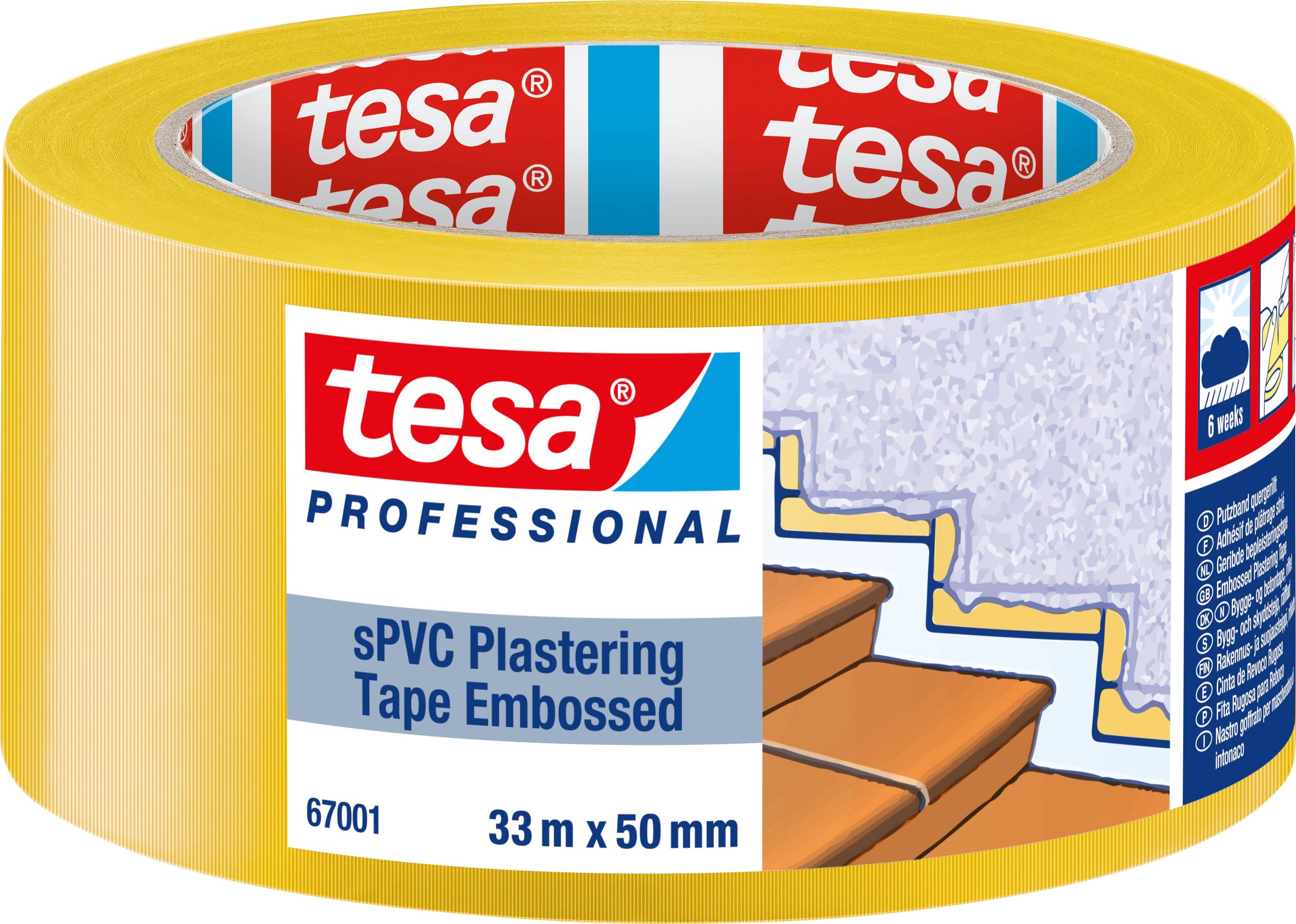 Gelbes Abdeckband der Marke 'tesa' für den professionellen Einsatz beim Verputzen, 33 m x 50 mm, mit Treppenmotiv auf der Verpackung.