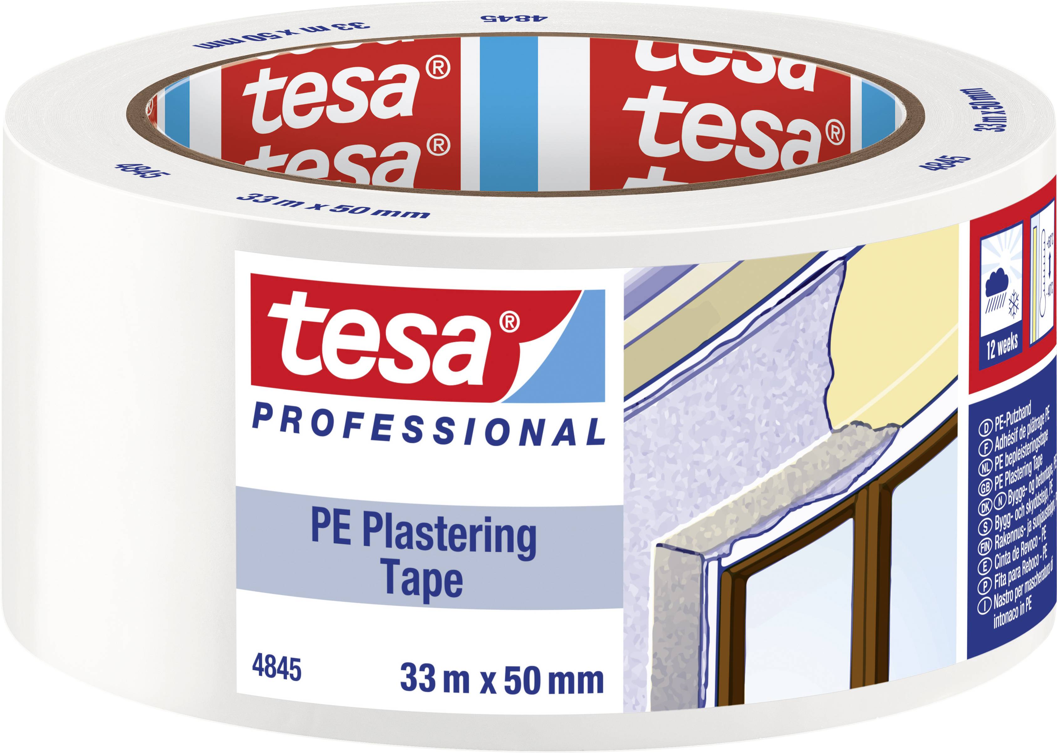 Eine Rolle tesa PROFESSIONAL PE-Abdeckband, 33 m x 50 mm, neben einer Illustration der Anwendung an einer Wand.