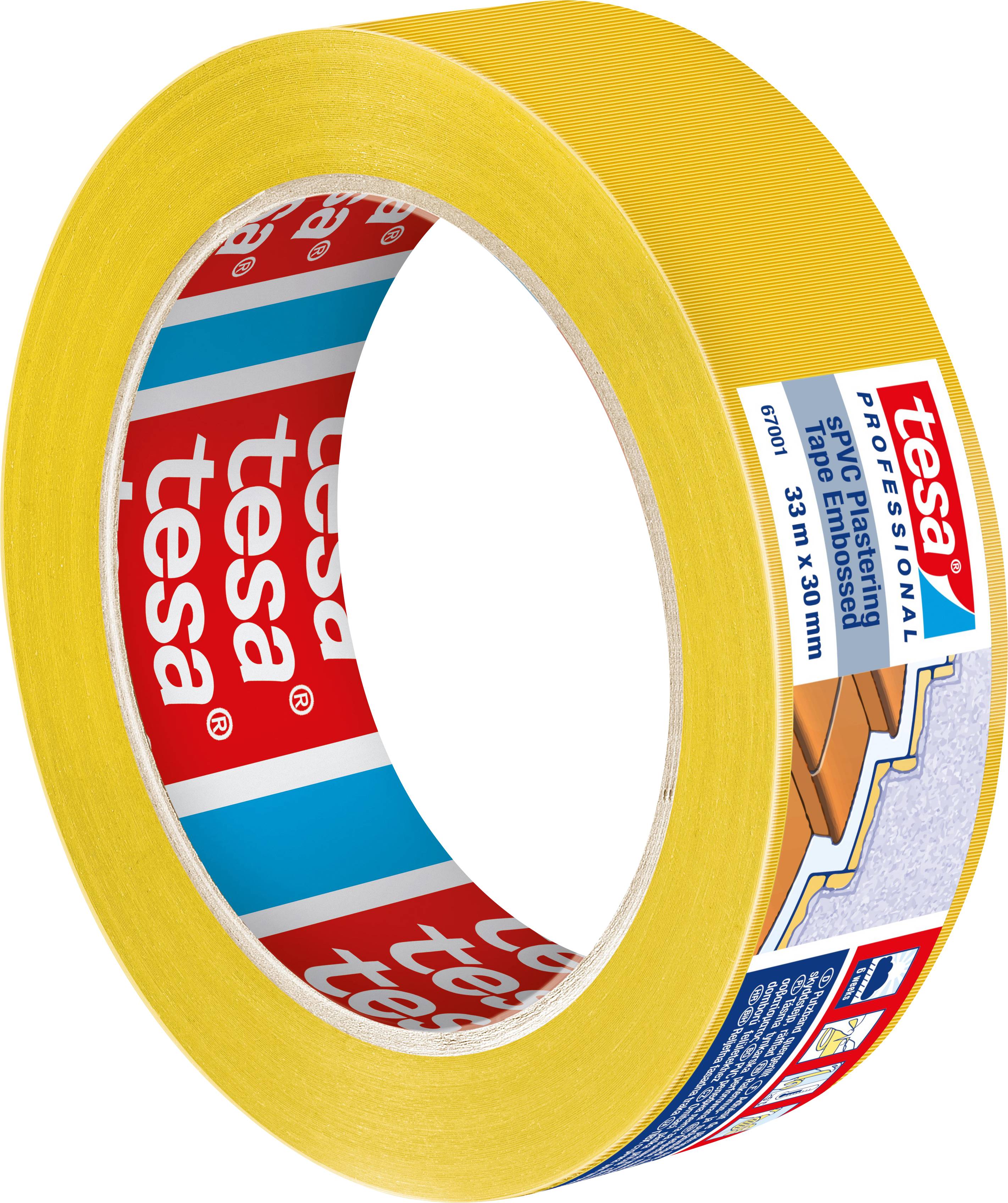Eine Rolle gelbes Klebeband mit einem Etikett der Marke „tesa“; Produktbeschreibung und Details auf der Verpackung sichtbar.