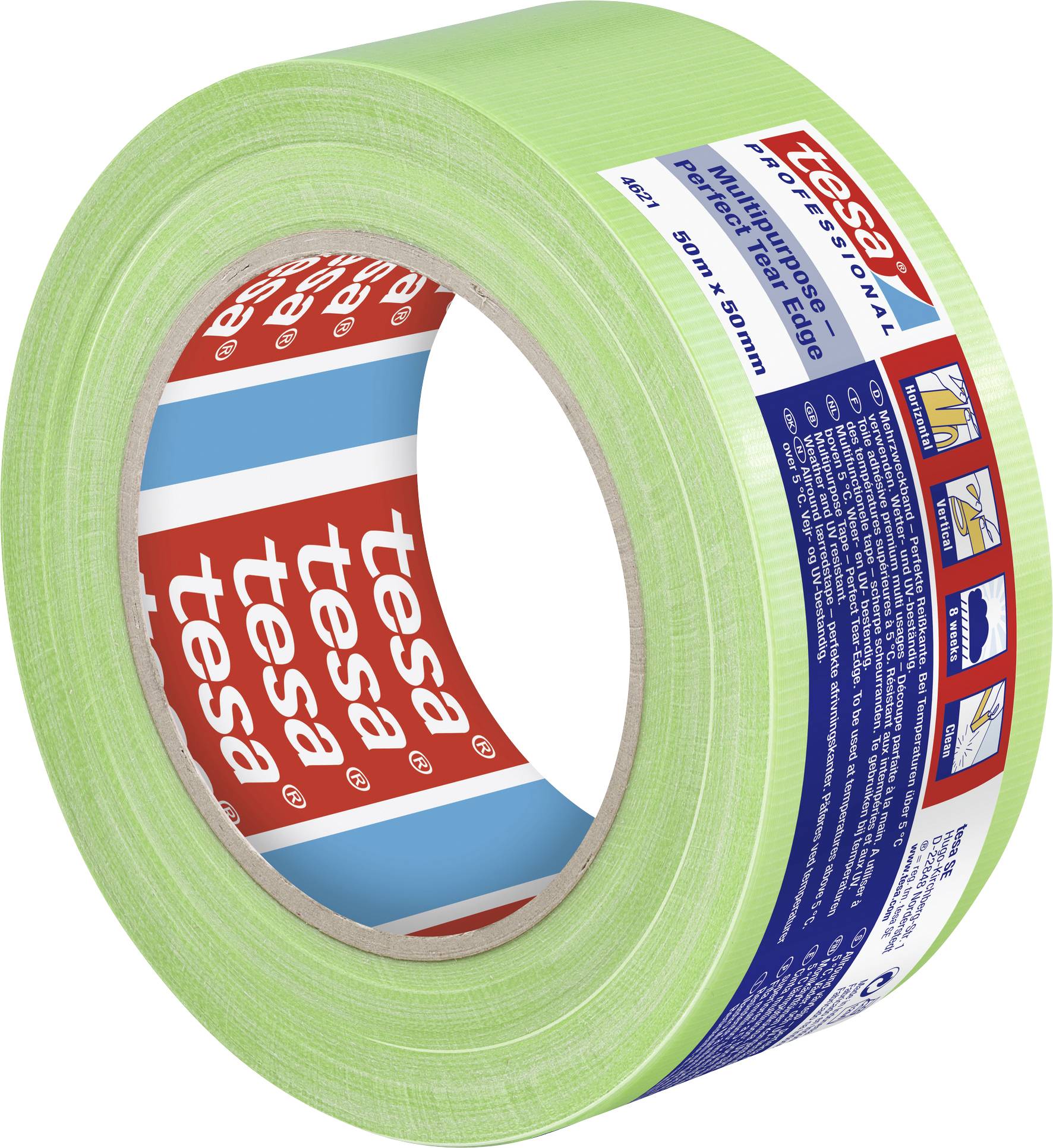 Grünes Klebeband der Marke Tesa, professional Qualität, geeignet für Malerarbeiten, auf einer Rolle mit mehrsprachigen Produktinformationen.