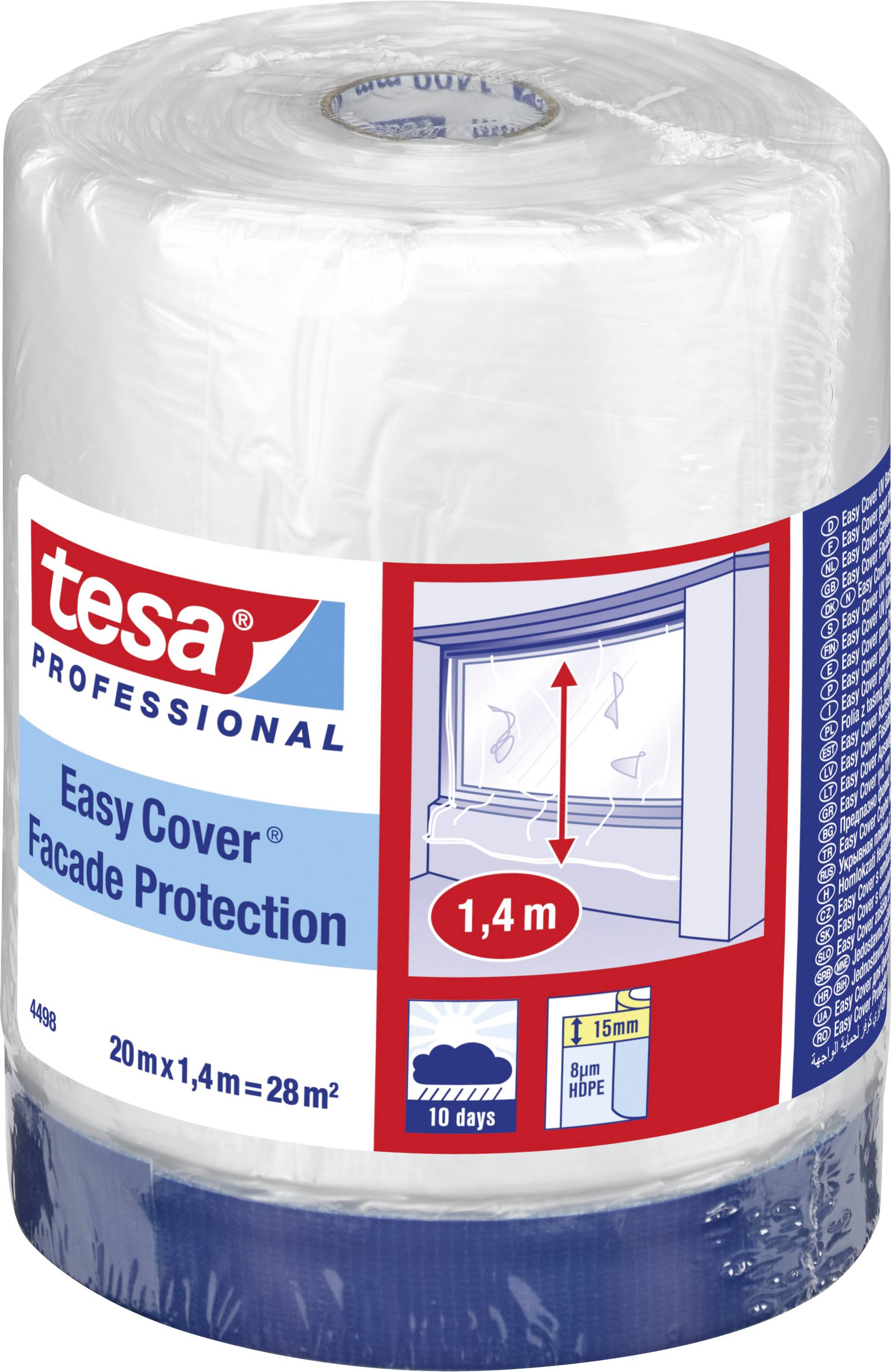 Produktverpackung von 'tesa Easy Cover Facade Protection', zeigt Abbildung des Einsatzes auf Fassade, Maße: 20m x 1,4m.