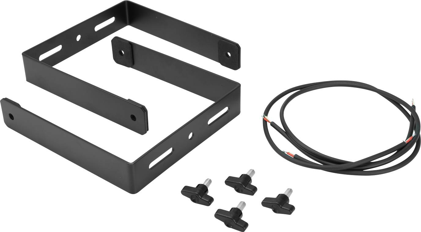 Montageset mit schwarzem Metallhalter, vier Schrauben mit Flügelmuttern und einem Kabel.