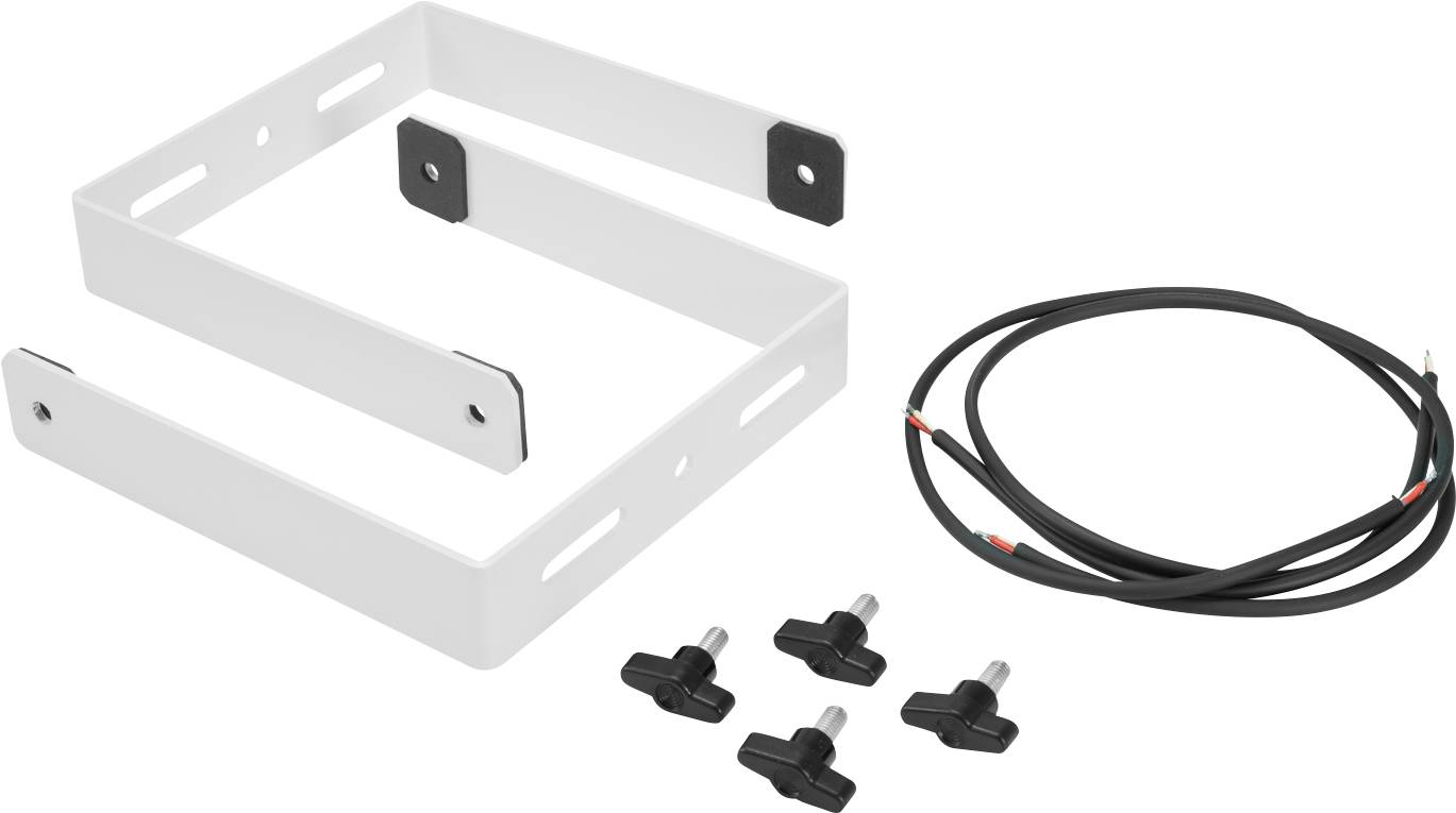 Metallhalterungsset mit zwei weißen Winkeln, vier schwarzen Schrauben und einem schwarzen Kabel. Geeignet für die Montage elektrischer Geräte.