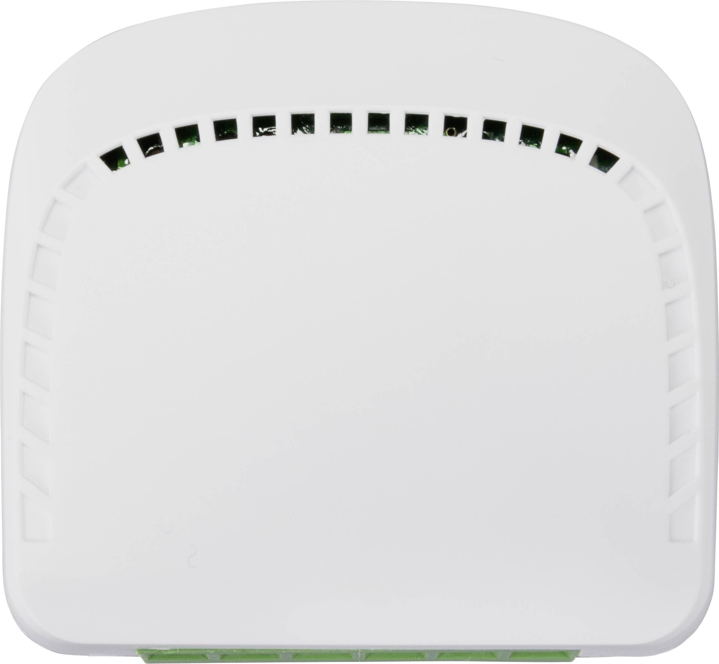 Ein weißes elektronisches Gerät mit Lüftungsschlitzen oben, vermutlich ein Router oder Modem aus Kunststoff.