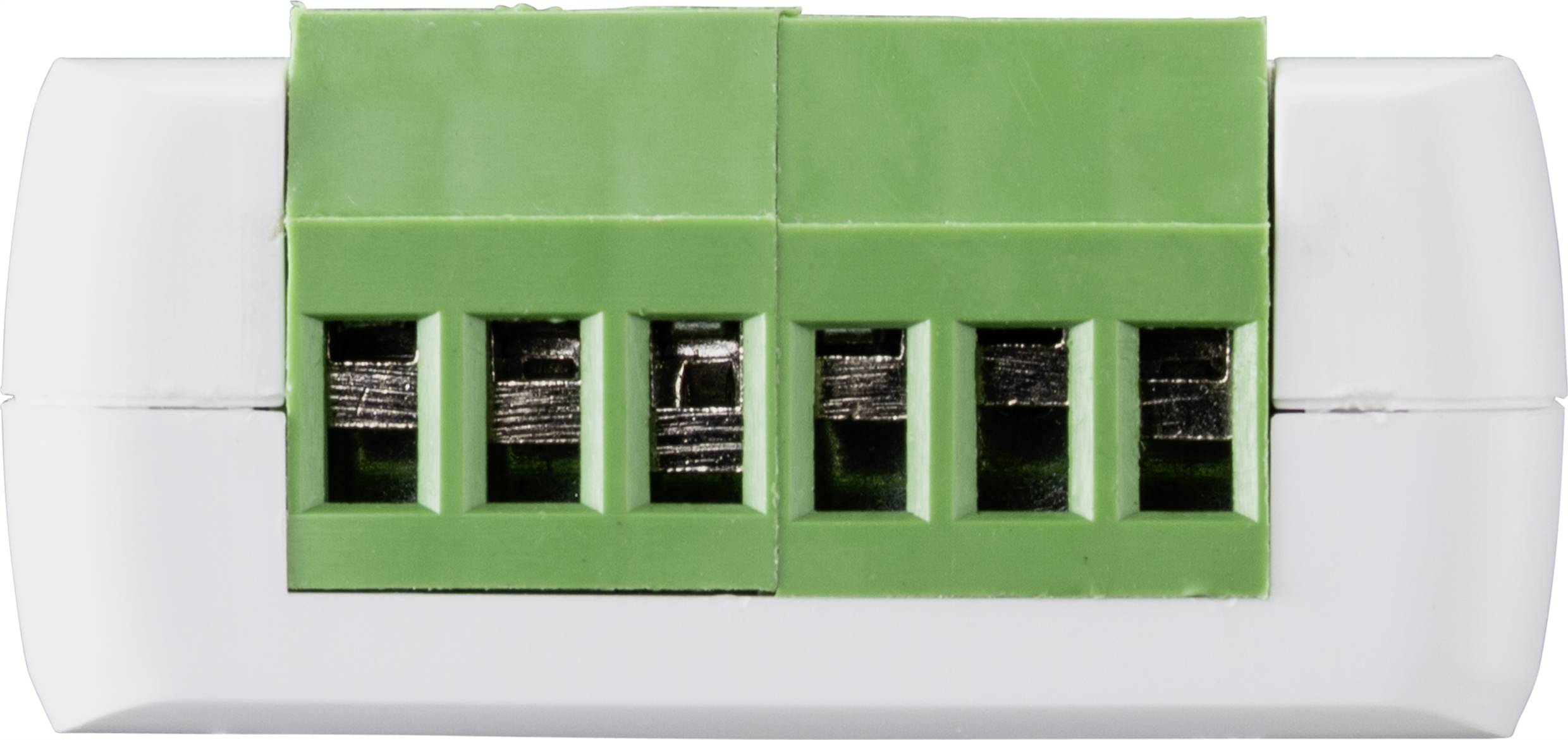 Weiße elektrische Klemme mit vier grünen Anschlüssen, oberer Blickwinkel.